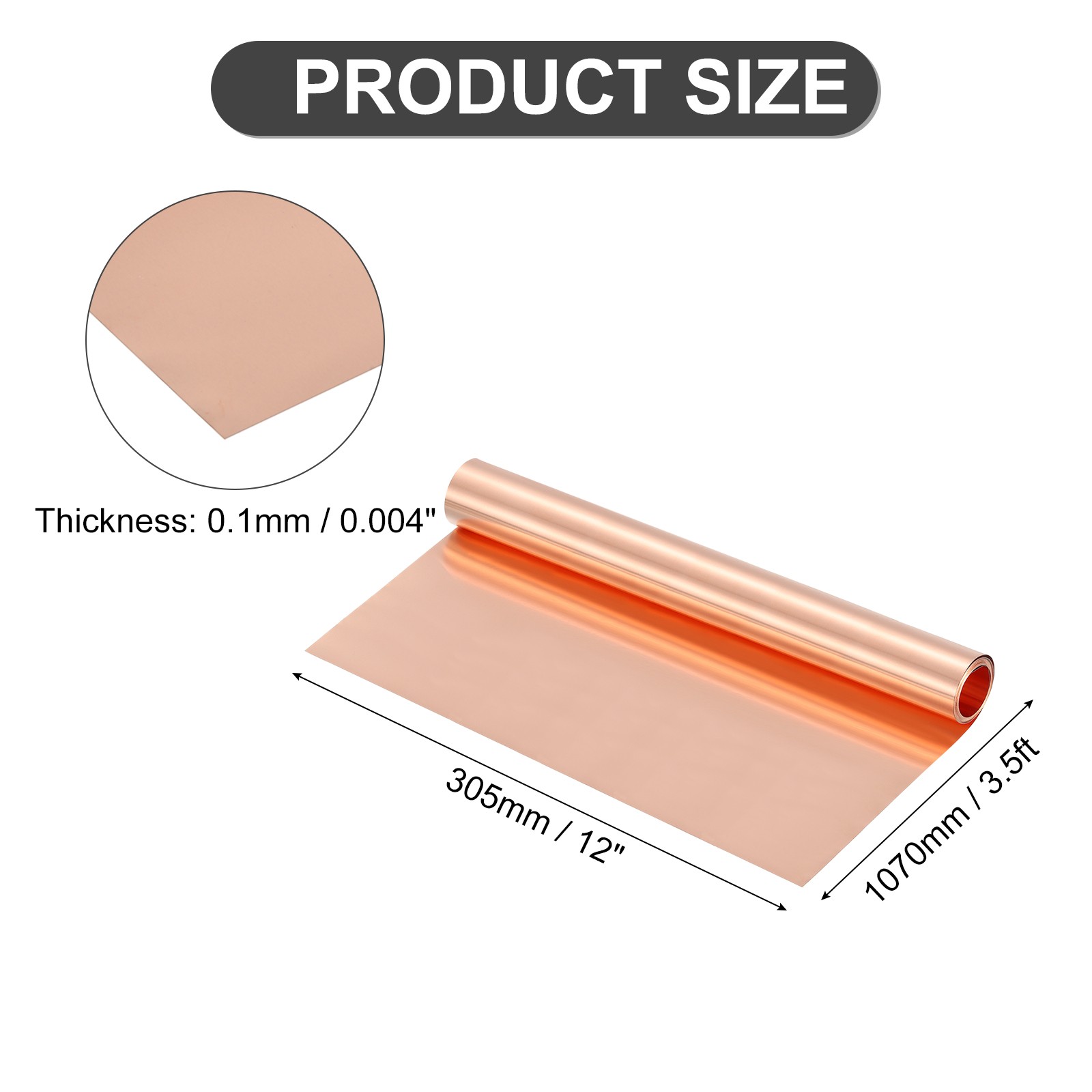 Pure Copper Sheet Roll, 0.1mm 22Ga Thick T2 3.5Ft x 12in Copper Strip for Craft