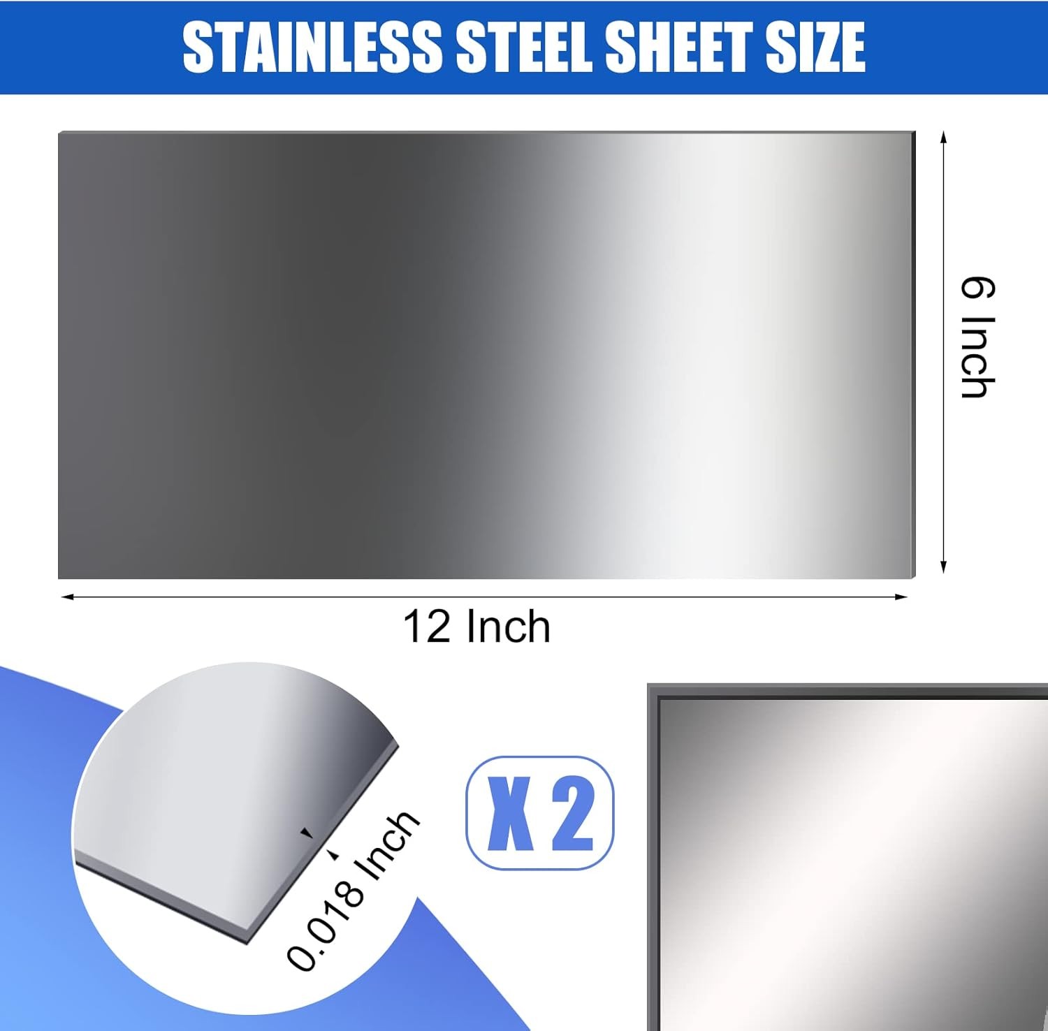 Funrous 2 Pcs 304 Stainless Steel Sheet,12 x 6 x 12 x 6 x 0.018 Inch, clear