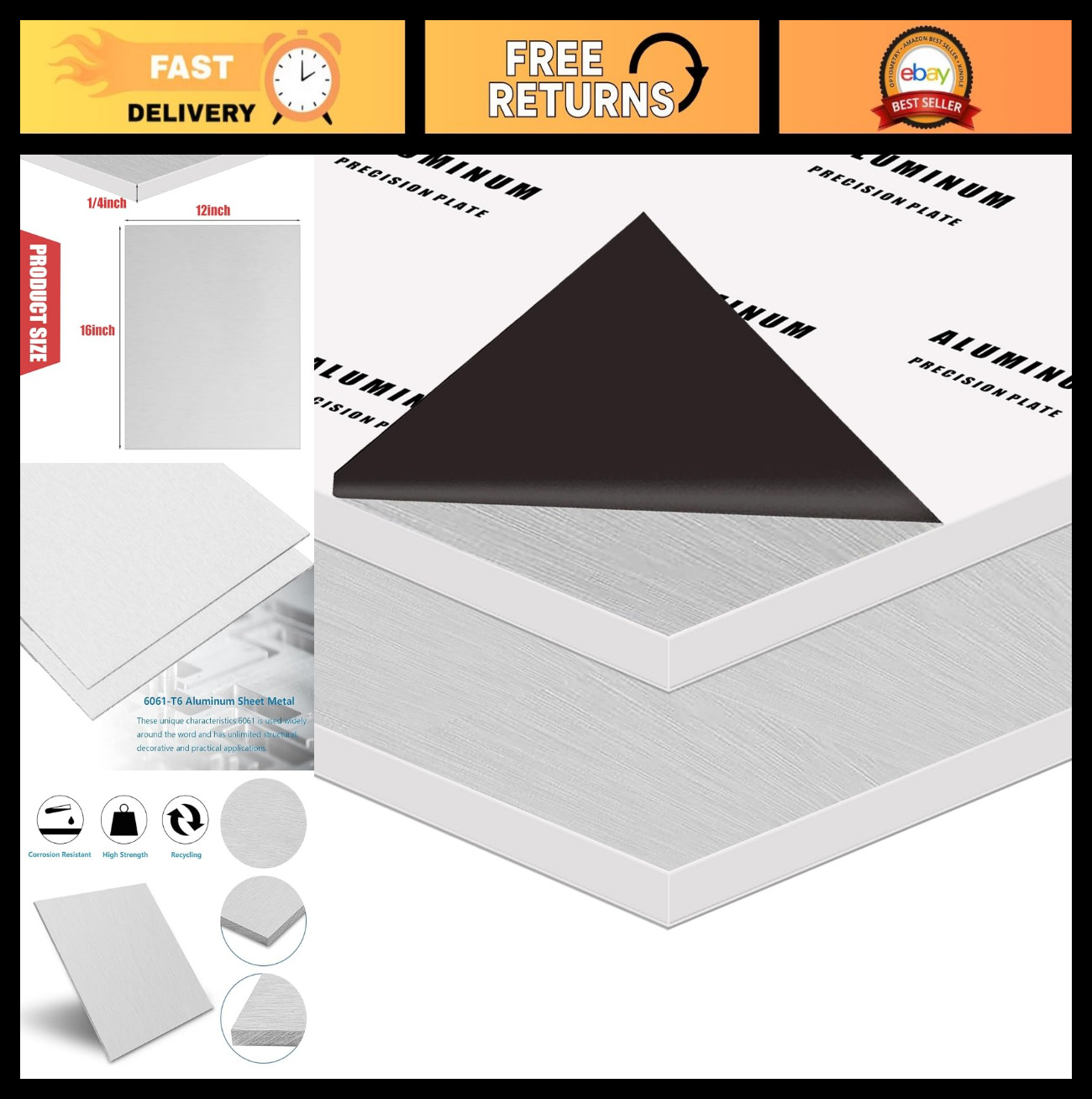 Heavy Duty 6061 Aluminum Sheet 12″x16″ 1/4″ Thick, Solid Metal Plate for DIY Pro