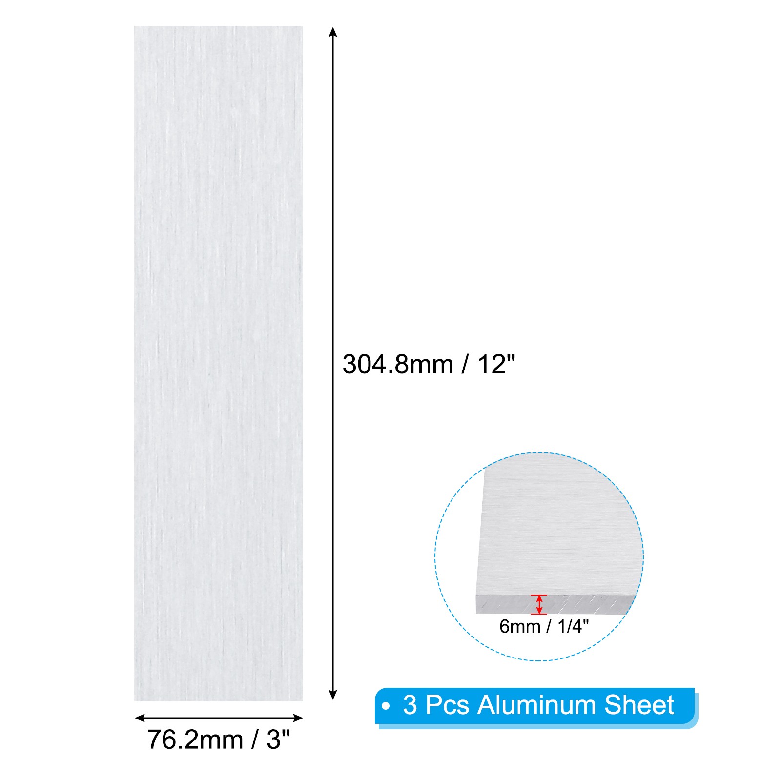 6061 T651 Aluminum Sheet Metal 12 x 3 x 1/4(0.236″) Inch 3Pcs Flat 6MM