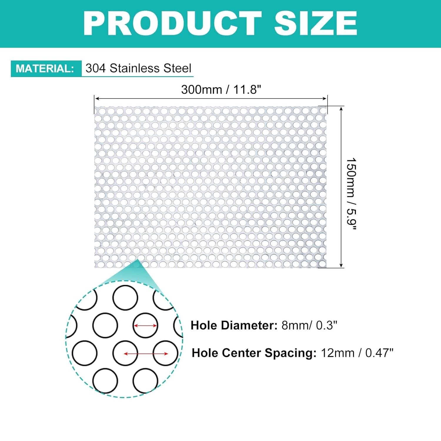 11.8″x5.9″ 304 Stainless Steel Perforated Sheet, 0.3″ Hole, 20GA Mesh Plate
