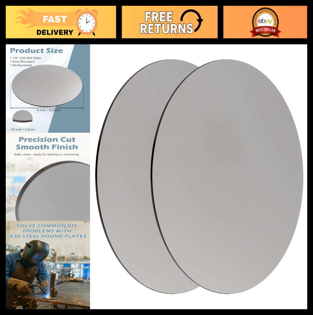 Weldable Steel Plate Sheet 1/8″ x 8″ Round Base Disk – A36 Metal, 2 Pcs for Cons