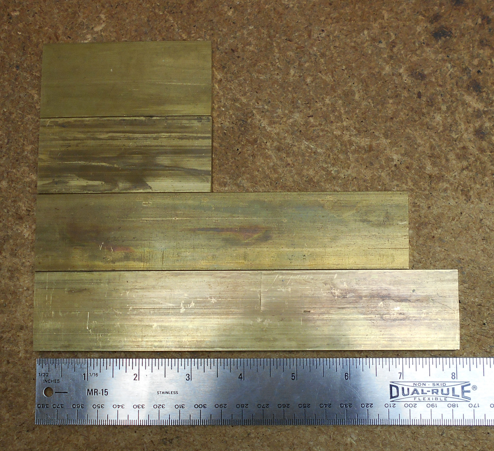 (4) pieces 360 SOLID BRASS flat bar stock 5/16 x 1-1/2, L 3-1/4″ to 8″ – CUTOFFS