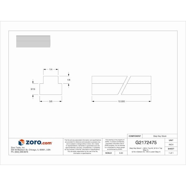 Zoro Select Wwgsk07-1 Step Key Stock 1, 3/8 In Top W, 3/16 In Top Step H, 5/16,