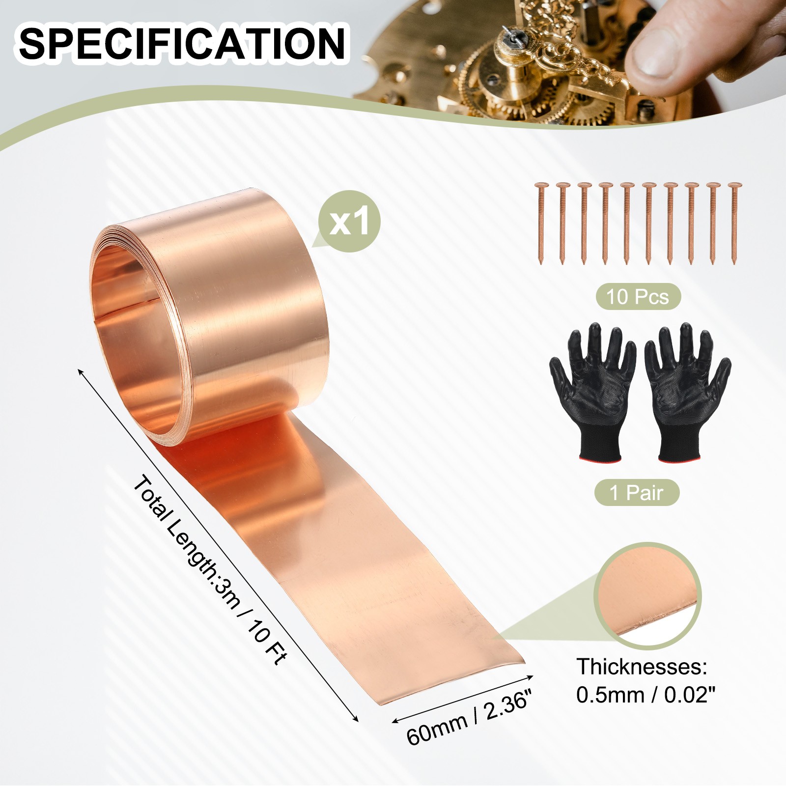 Copper Sheet Roll 2.4″ x 10 Ft 24 Gauge(0.5mm) Thickness DIY (1 Pack, Copper)