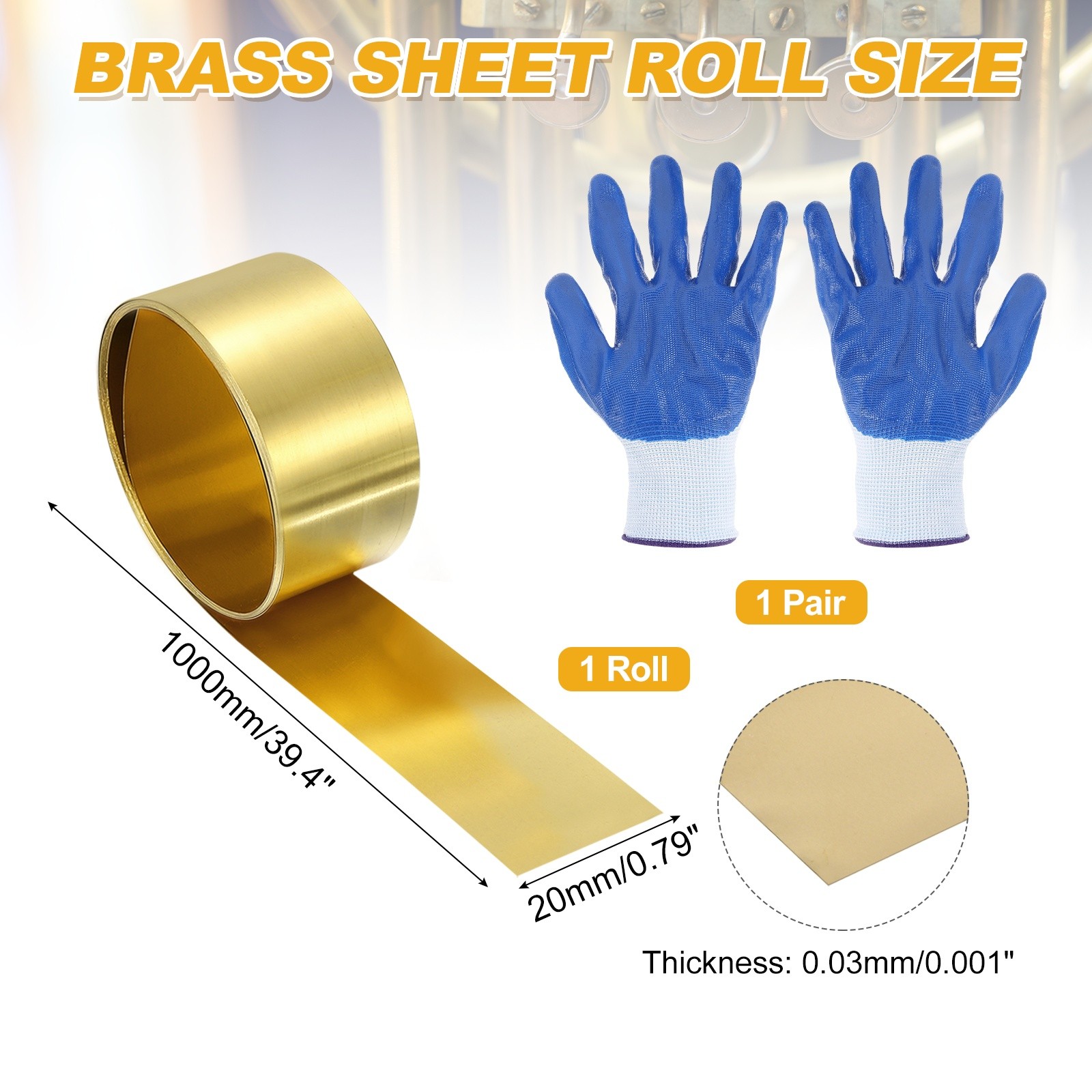 Brass Sheet Roll, 0.001 x 0.79 x 39.4 Inch H62 Thin Brass Foil Strip Plate Shim