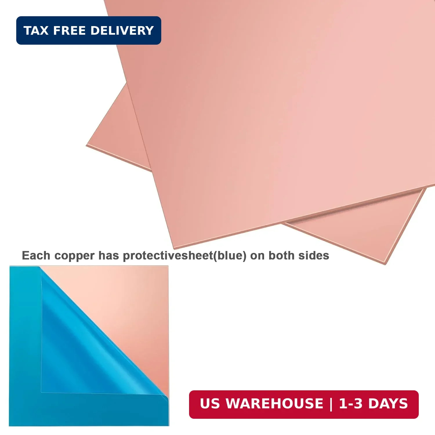 3 Pack 99.9% Pure Copper Sheet,4″x4″ 24Gauge(0.5mm) Thickness, Film Attached Cop