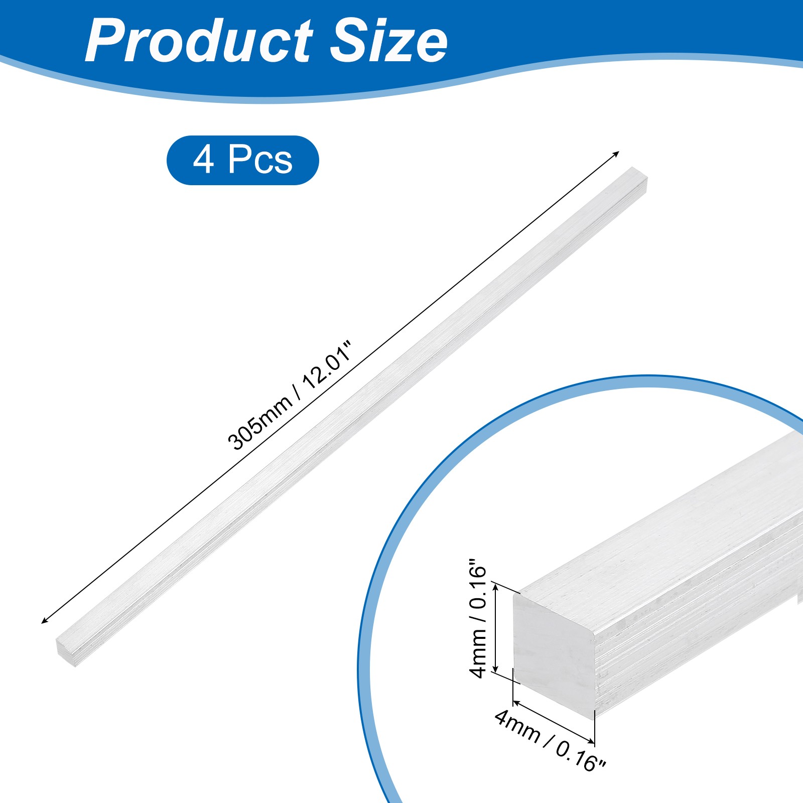 Square 6063 Aluminum Flat Bar, 4Pcs 5/32″ Thickness 5/32″ Width 12″ Length