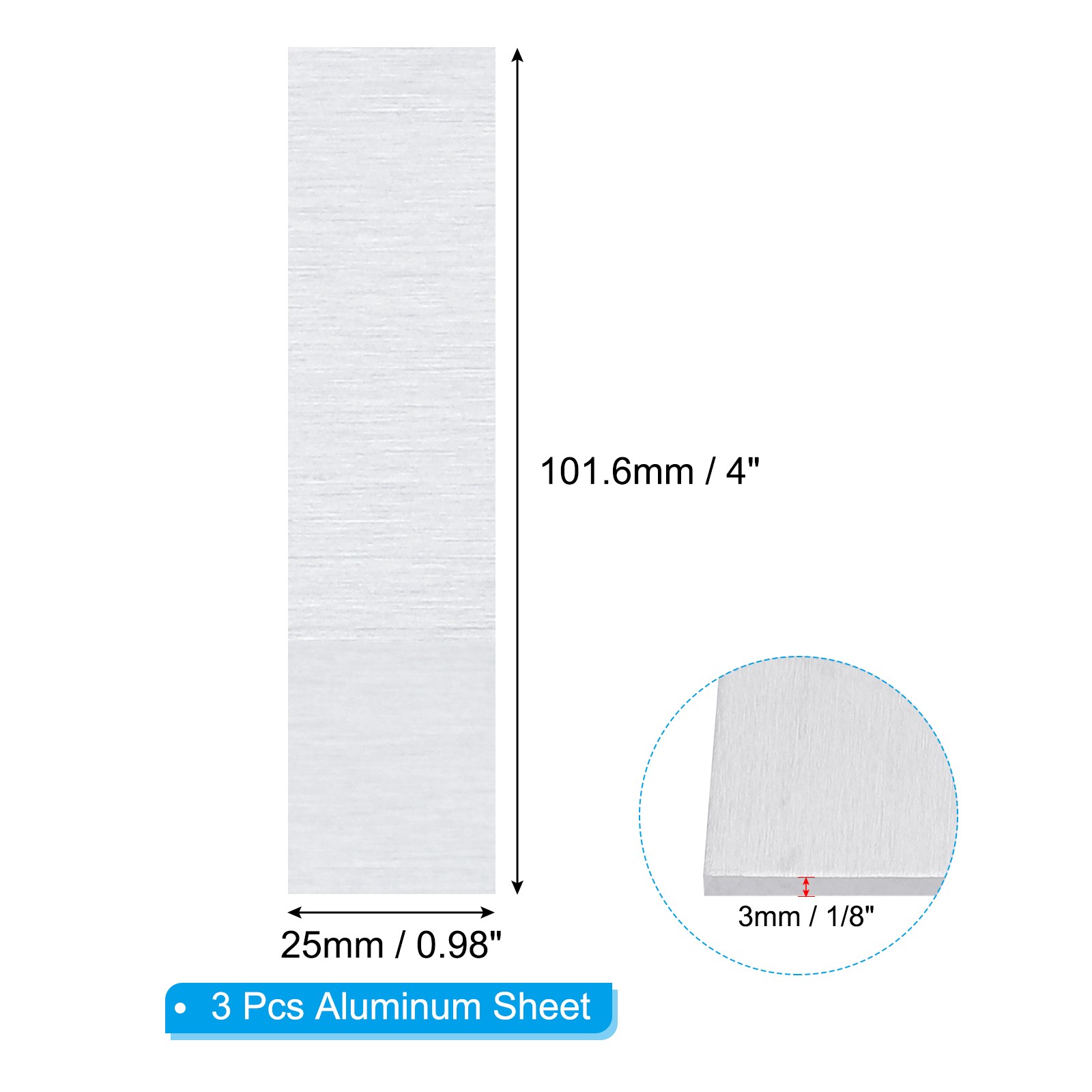 6061 T651 Aluminum Sheet Metal 4 x 0.98 x 1/8(0.125″) Inch 3Pcs Flat 3MM