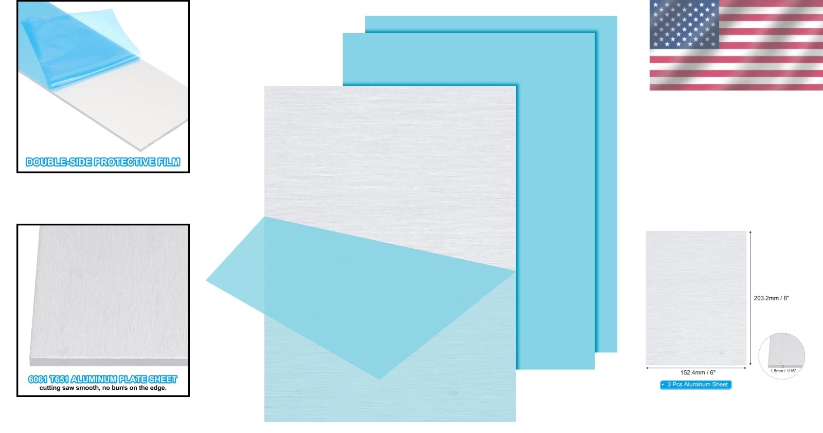 High-Quality 6061 T651 Aluminum Plates – 6 x 8 Inch, 3 Pack with Protective Film