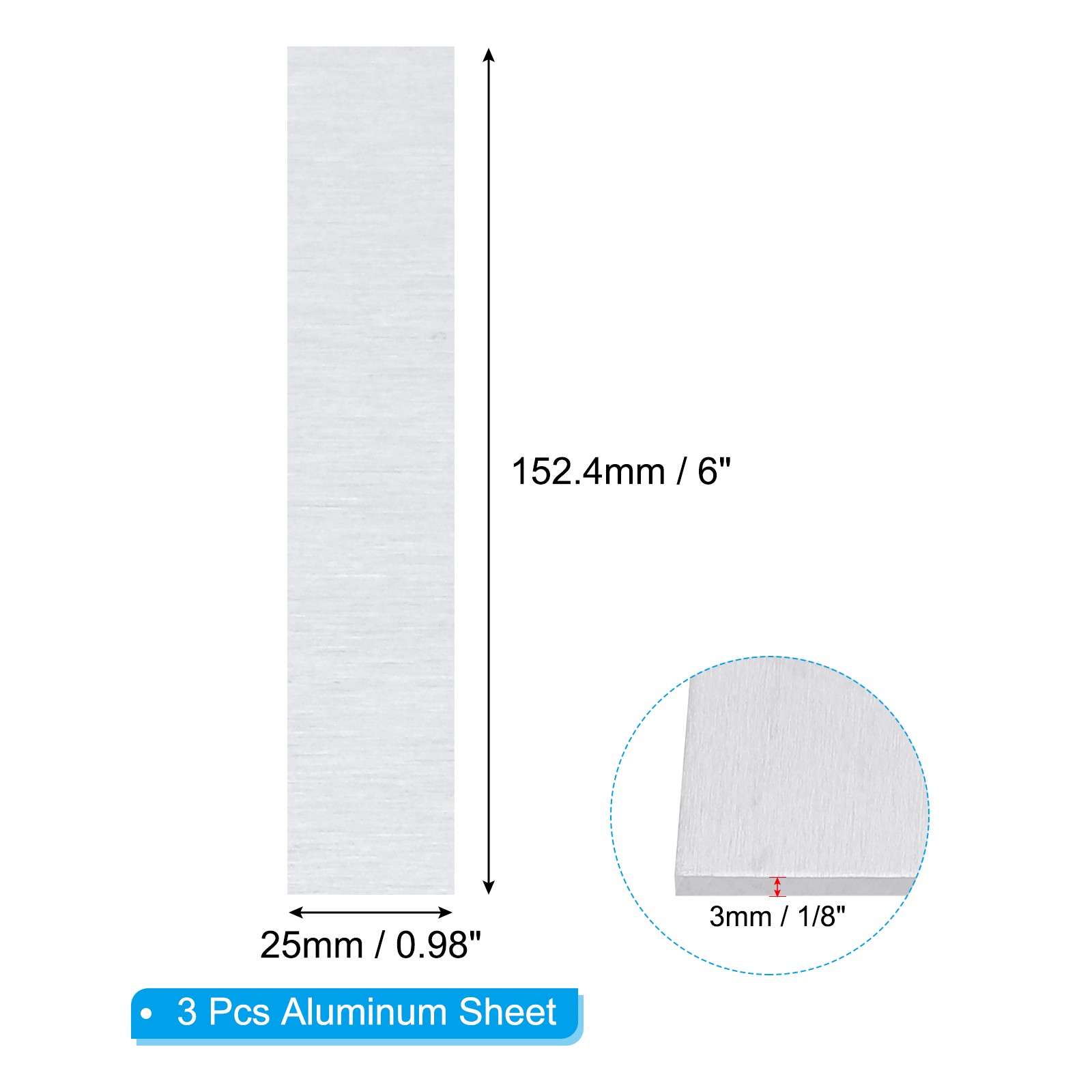 6061 T651 Aluminum Sheet Metal 6 x 0.98 x 1/8(0.125″) Inch 3Pcs Flat 3MM