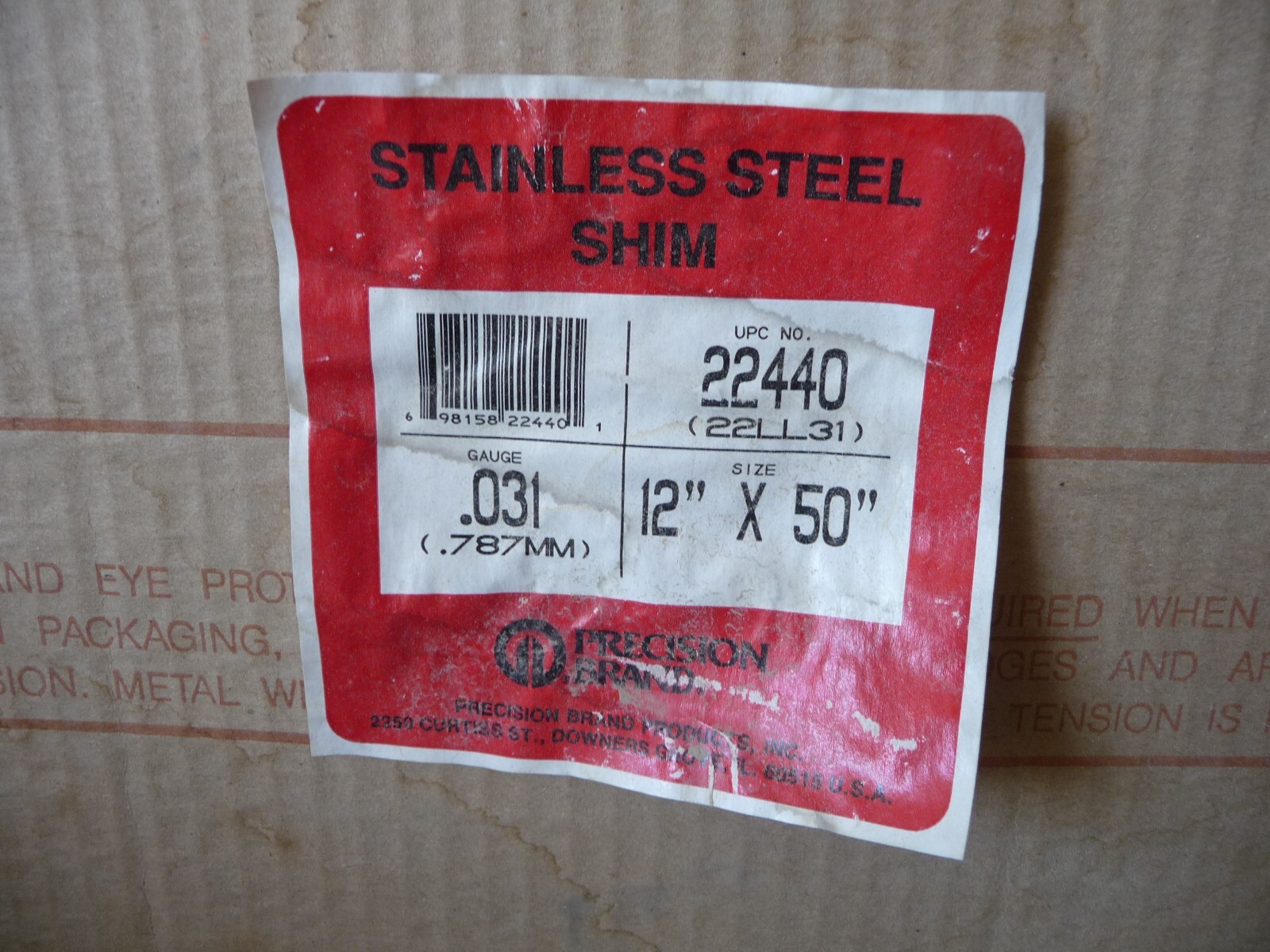 Precision Brand 22440 Shim Stock, Roll, Cold 302 SS, 0.031 IN, 12″ x 50″