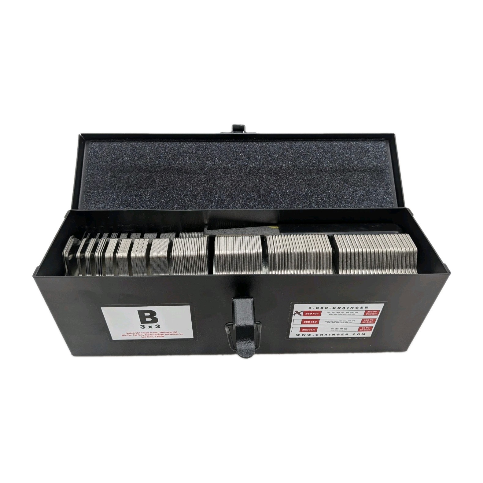 Grainger 36D704 Slotted Shim Assortment B 3 in x 3 in, 260 Pc Set, Tabbed, 18-8