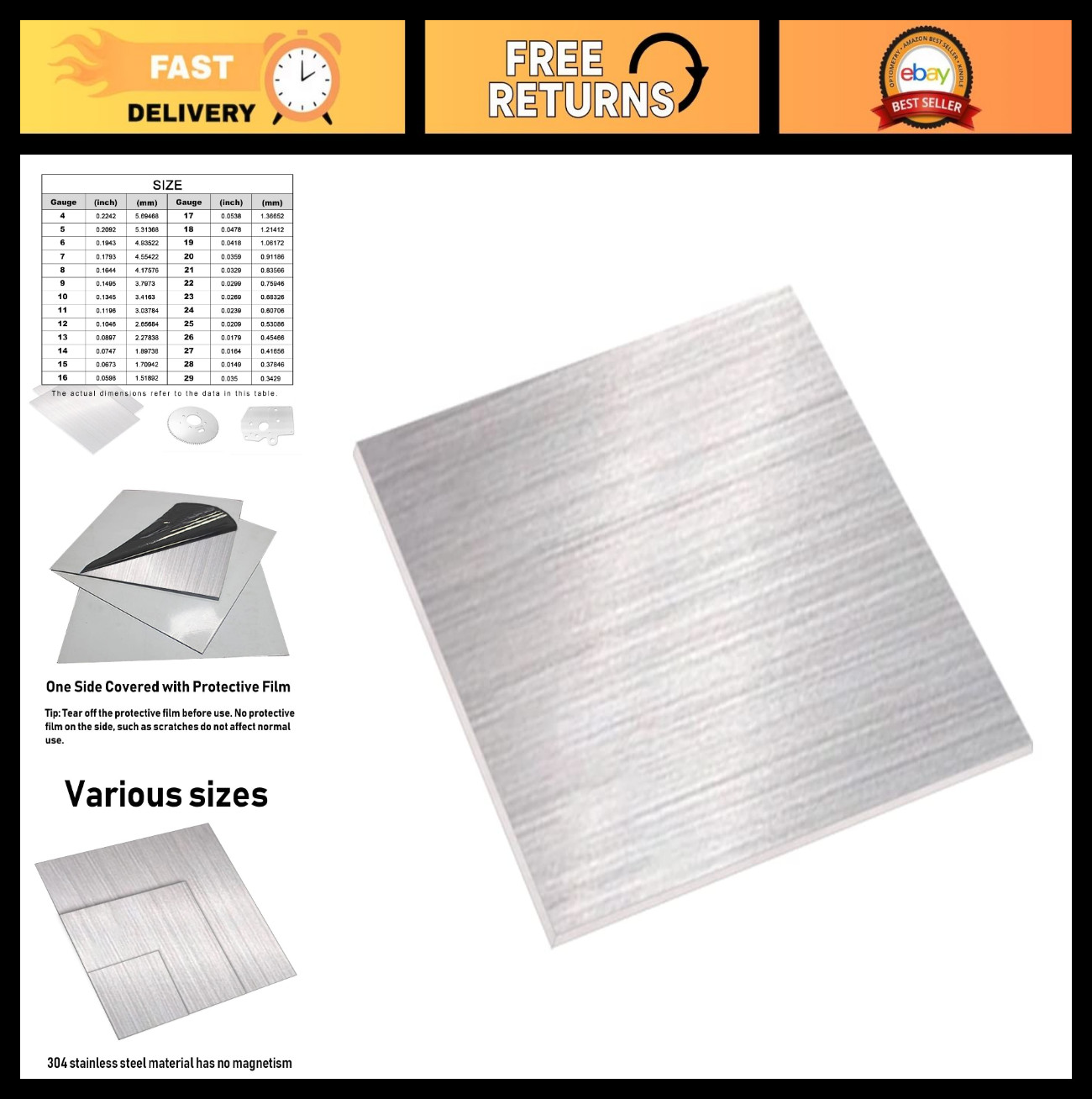 304 Stainless Steel Sheet 14 Gauge 0.08″ Thick x 8″ Wide x 8″ Long – Metal Strip