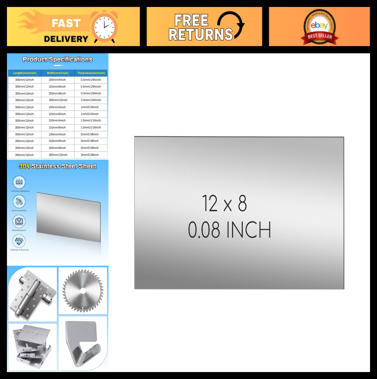 304 Stainless Steel Sheet 8″x12″ 14 Gauge Metal Plate for DIY Crafting & Home De