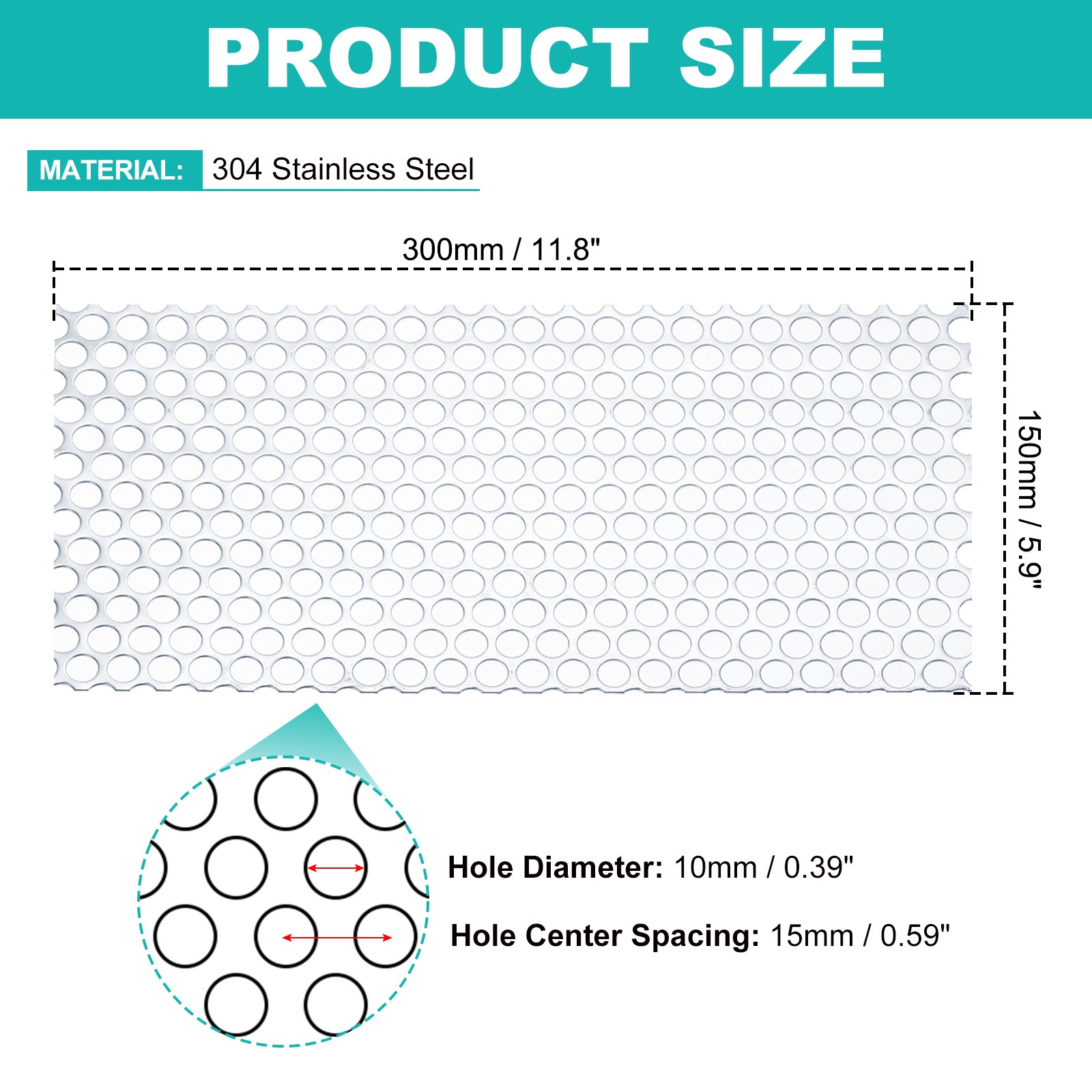 11.8″ x 5.9″ 304 Stainless Steel Perforated Sheet, 0.39″ Hole 19GA Screen Meshes