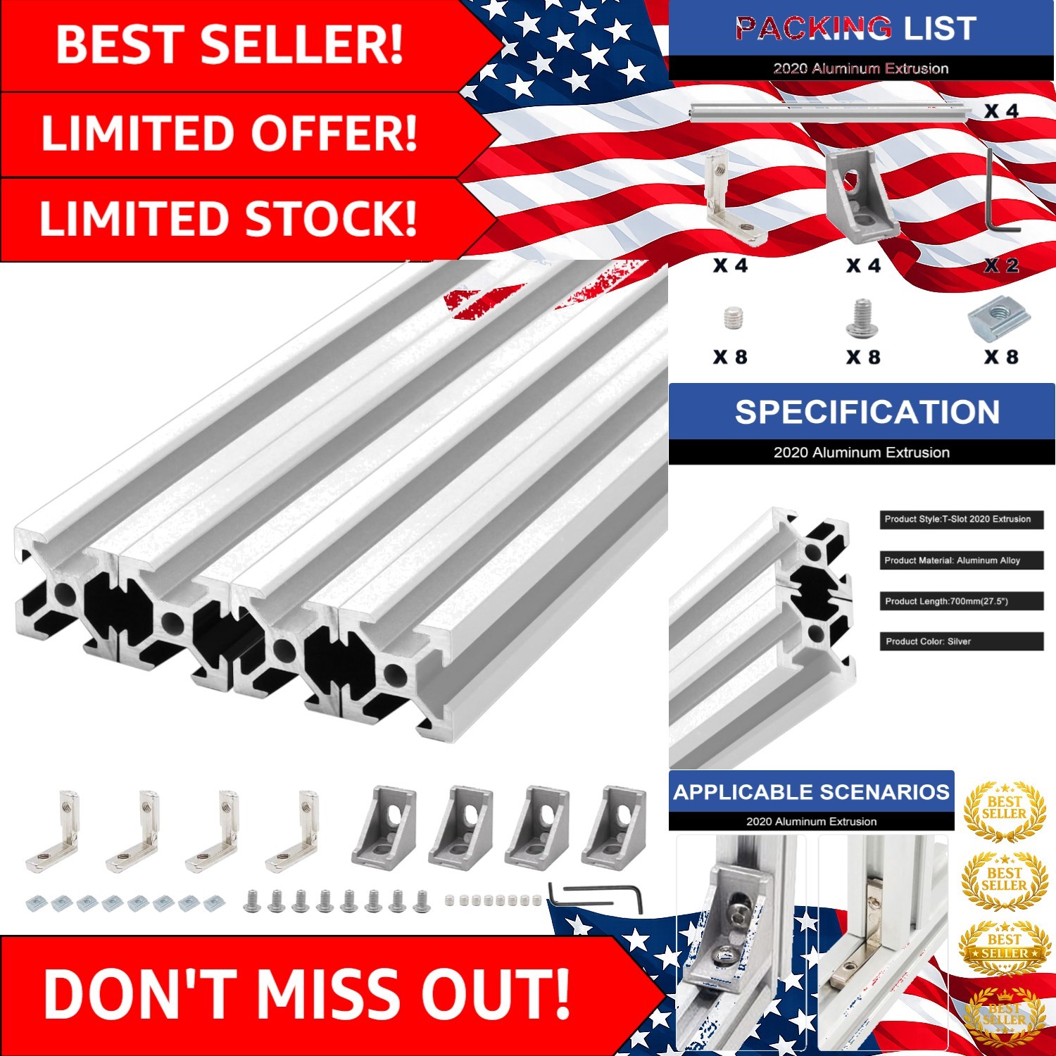 4-Pack 700mm Anodized Aluminum T-Slot 20×20 Rail for 3D Printing & DIY Projects