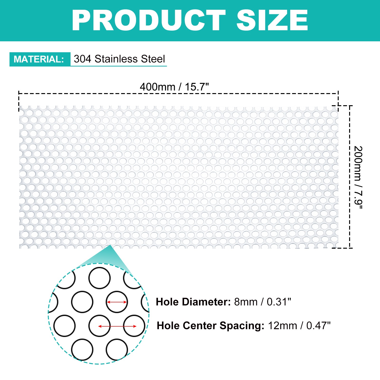 1Pcs 15.7″x7.9″ Perforated Sheet 0.31″ Hole DIY 304 Stainless Steel Metal Mesh