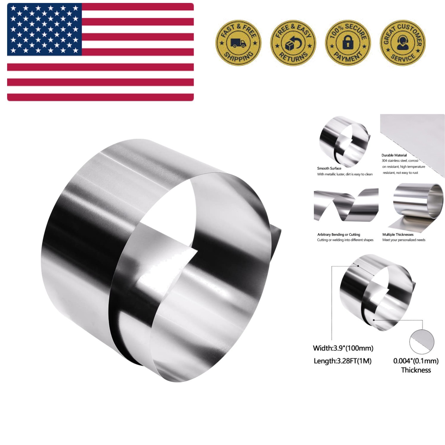 304 Stainless Steel Foil Roll, 0.1mm x 100mm x 1M, Metal Strip Sheet for Indu…