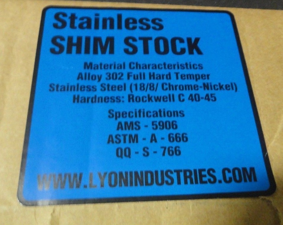 302 Stainless Steel Shim Stock, Solid, #2B Smooth Finish, H04 Temper, ASTM A666/