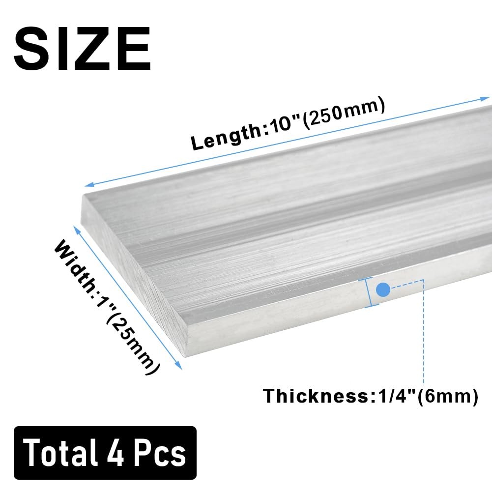 4 PCS 6061 Aluminum Bar 1/4x1x10 Inch Solid Square Bar Flat Stock Metal