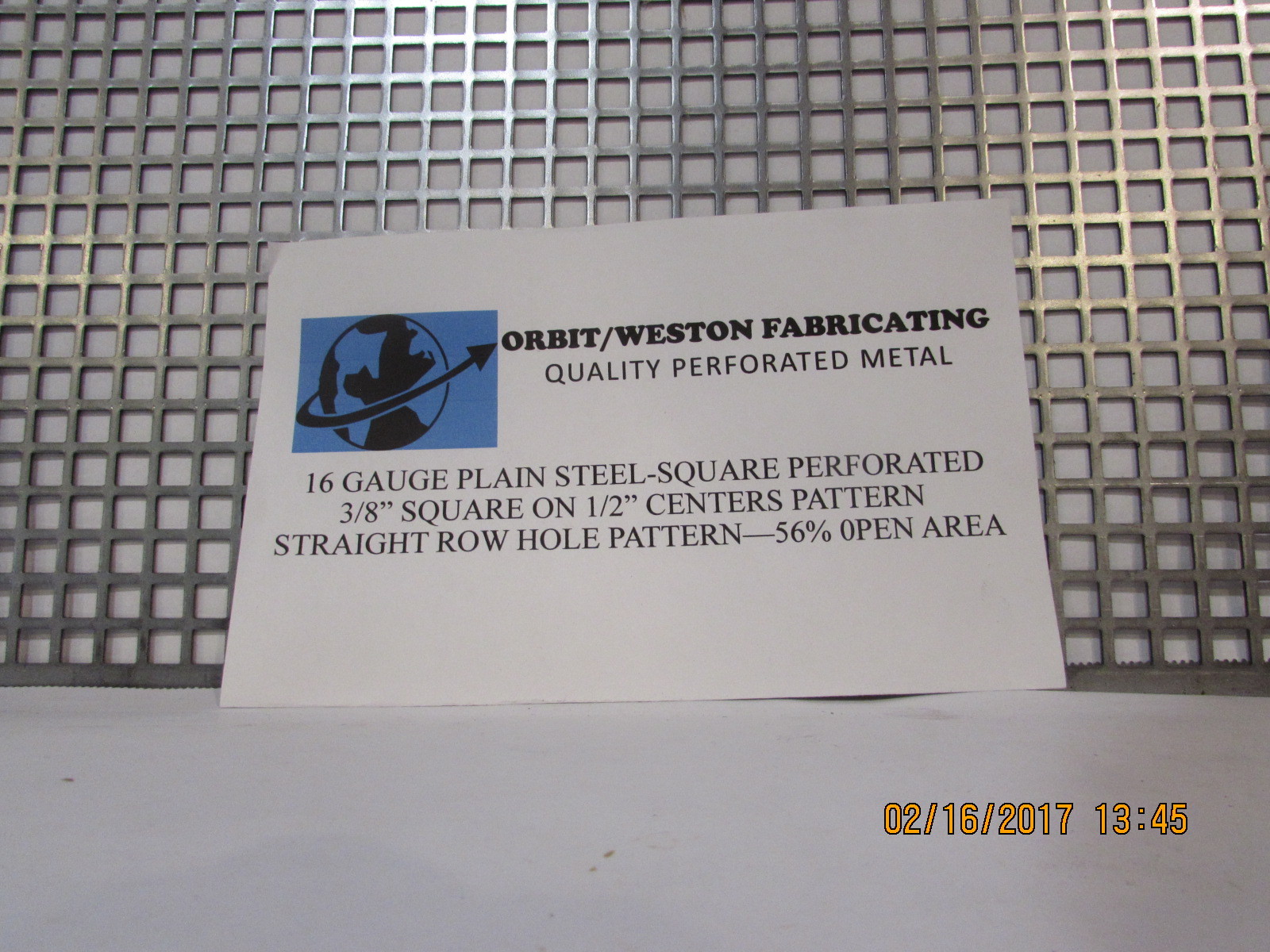 3/8″ SQUARE ON 1/2″ CENTERS PLAIN STEEL PERFORATED METAL 16 GAUGE—18″ X 18″