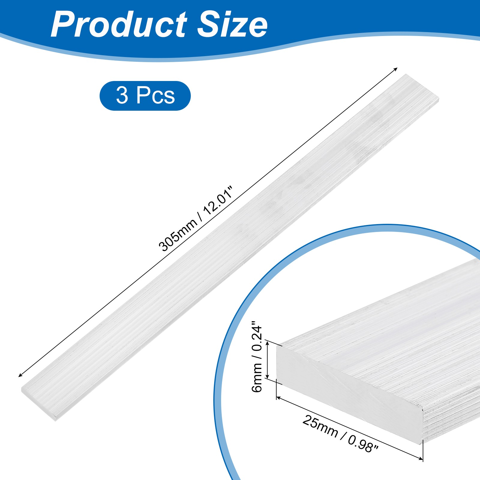 Square Aluminum Flat Bar, 3Pcs 1/4″ Thickness 1″ Width 12″ Length