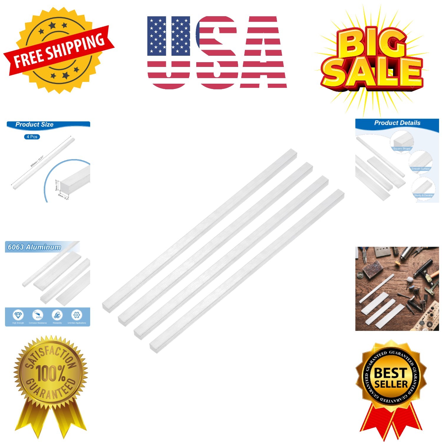 Square Aluminum Flat Bar, 4Pcs 3/16″ Thickness 3/16″ Width 12″ Length Square …