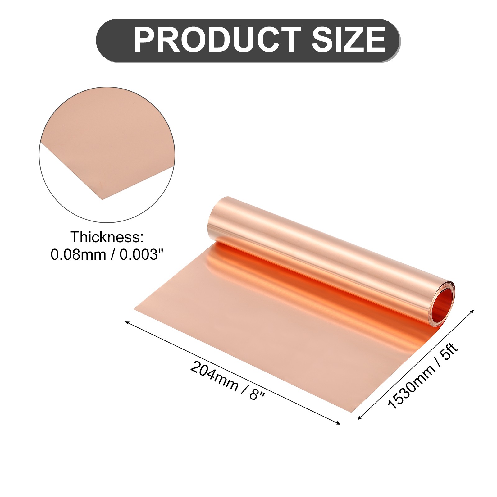 Pure Copper Sheet Roll, 0.08mm 25Ga Thick T2 5Ft x 8in Copper Strip for Craft