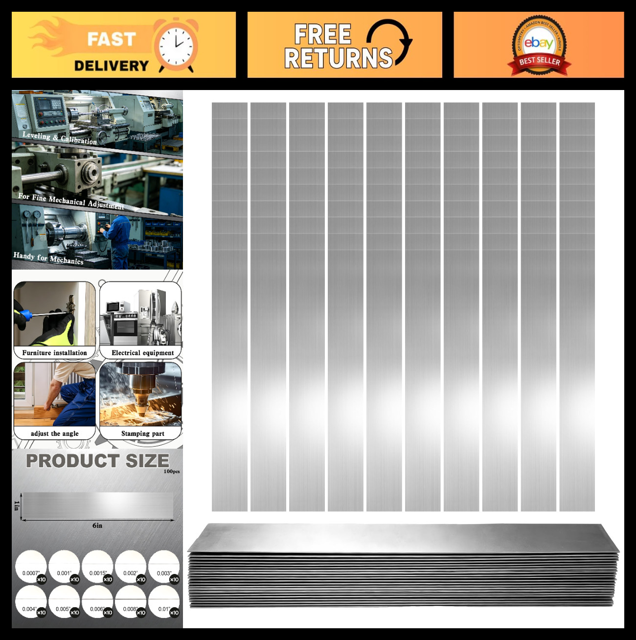 100 Pcs Stainless Steel Shim Stock Assortment, 1″ x 6″ Metal Shims for Leveling,