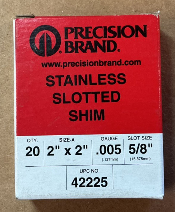 Precision Brand 42225 Stainless Slotted Shims 2 x 2 .005 5/8 Slot 20 Pack