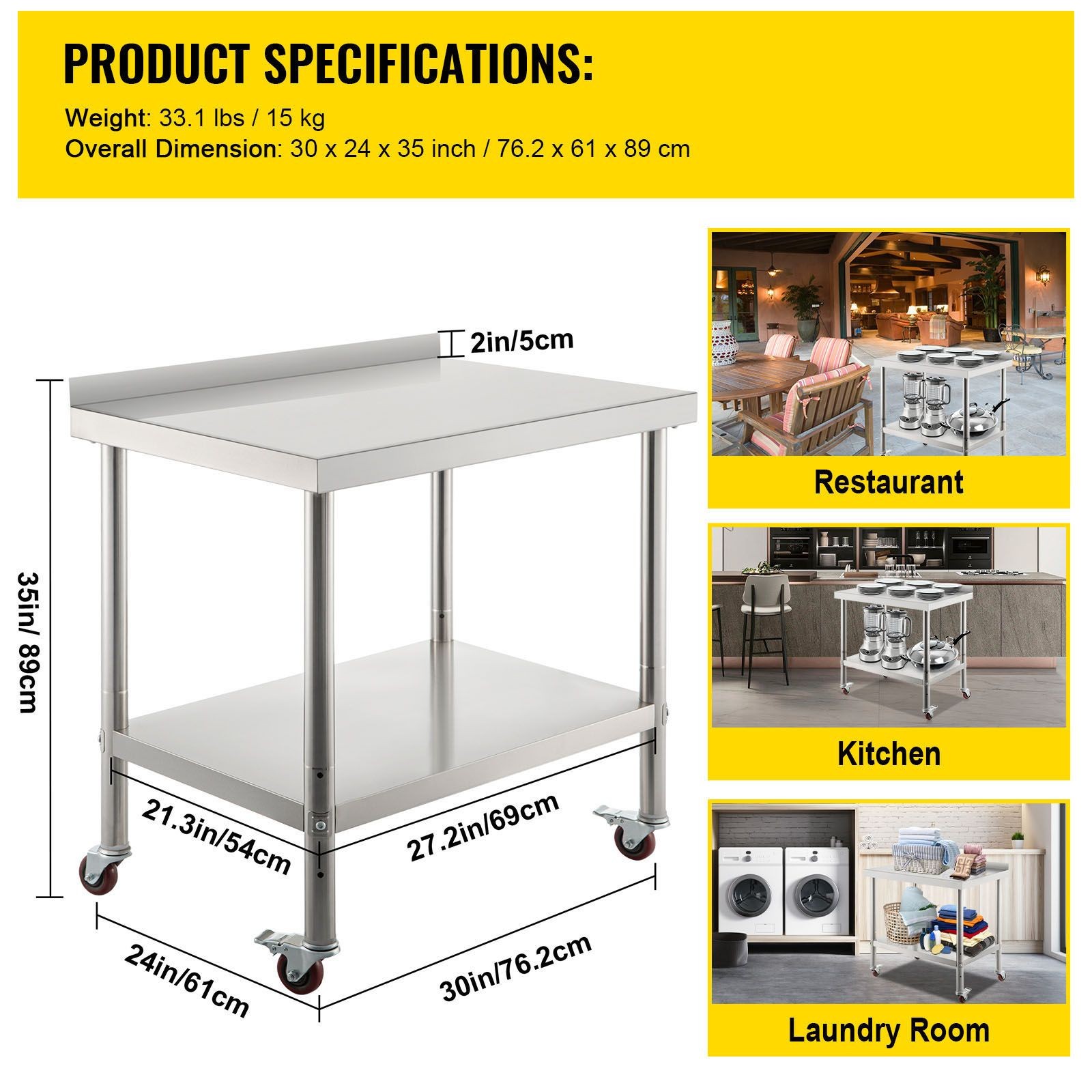 Stainless Steel Prep Table 30x24in, 440lbs Load Capacity, Adjustable Shelf