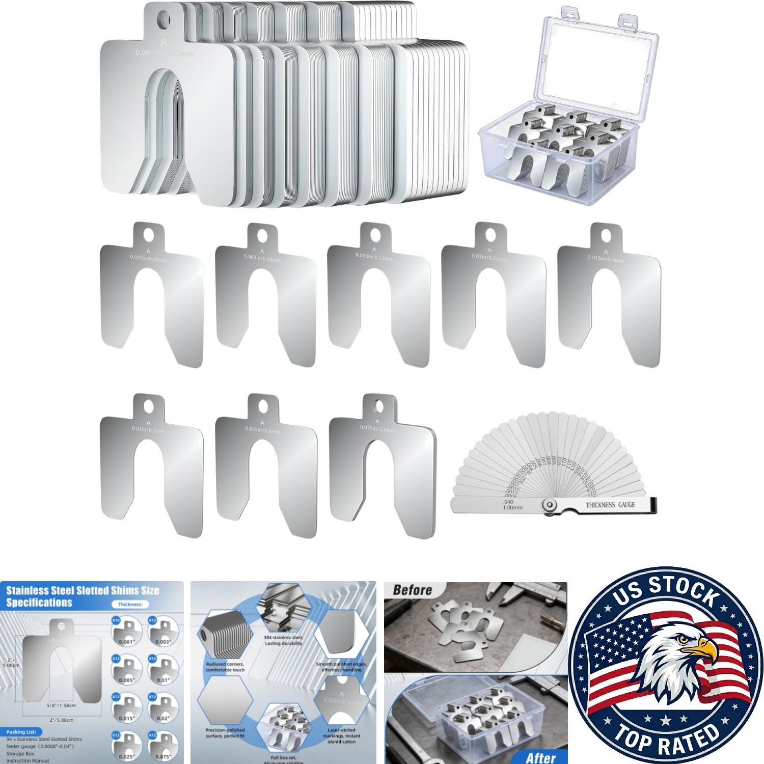 2″ x 2″ Stainless Steel Shim Assortment with Feeler Gauge – 94 Pcs Precision Kit