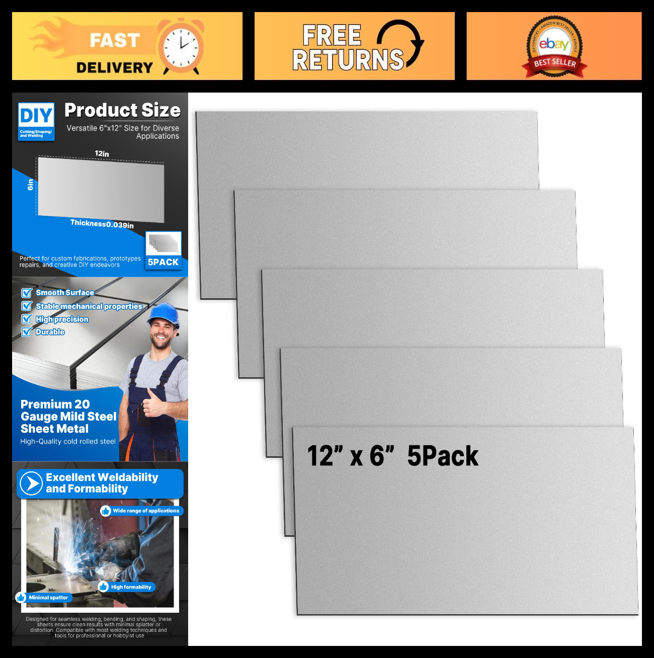 5 Pack 20 Gauge Cold Rolled Steel Sheets 12″ x 6″ – Durable Weldable Metal Plate
