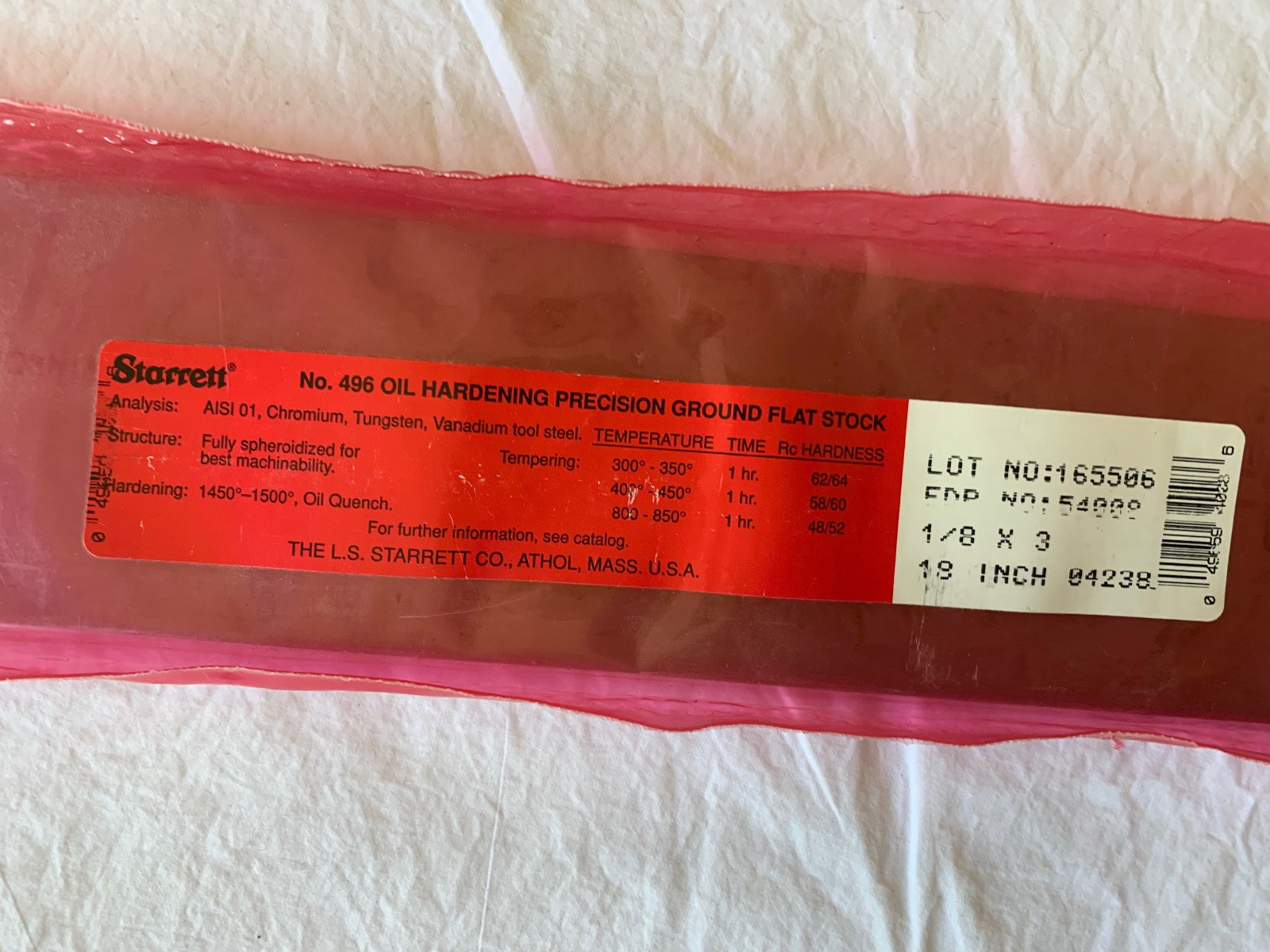 Starrett 1/8″ x 3″ x 18″ No. 496 Oil Hardening Prscn. Ground Flat Stock; New
