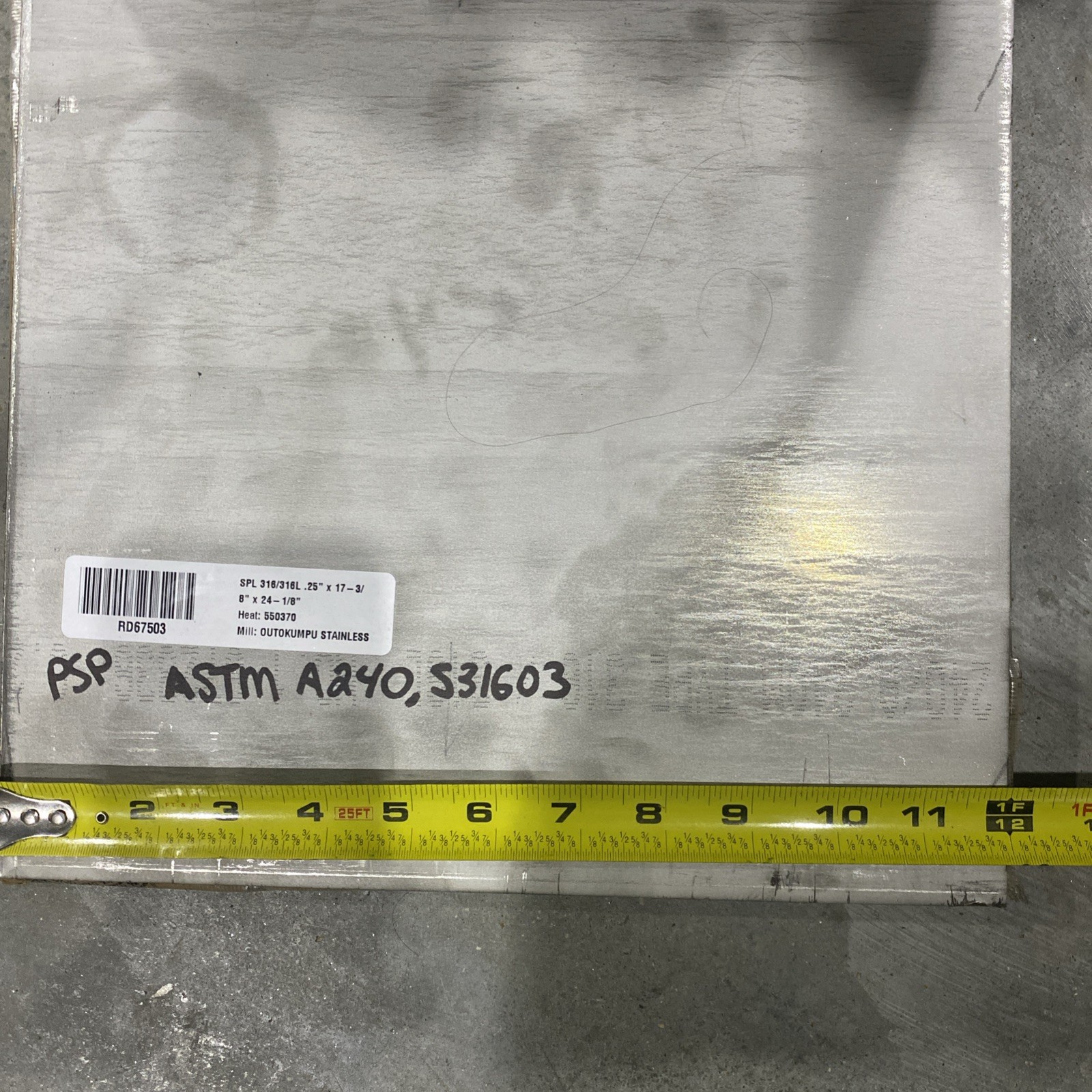 RD67503 – 316/316L Stainless Steel Sheet .250″ x 12″ x 12″ ASTM A240 S31603