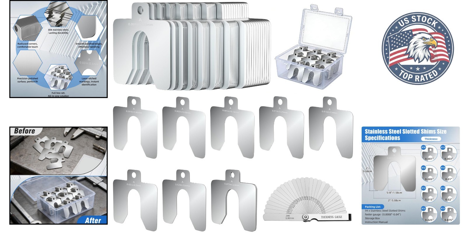 2″ x 2″ Stainless Steel Shim Assortment with Feeler Gauge – 94 Pcs Precision Kit