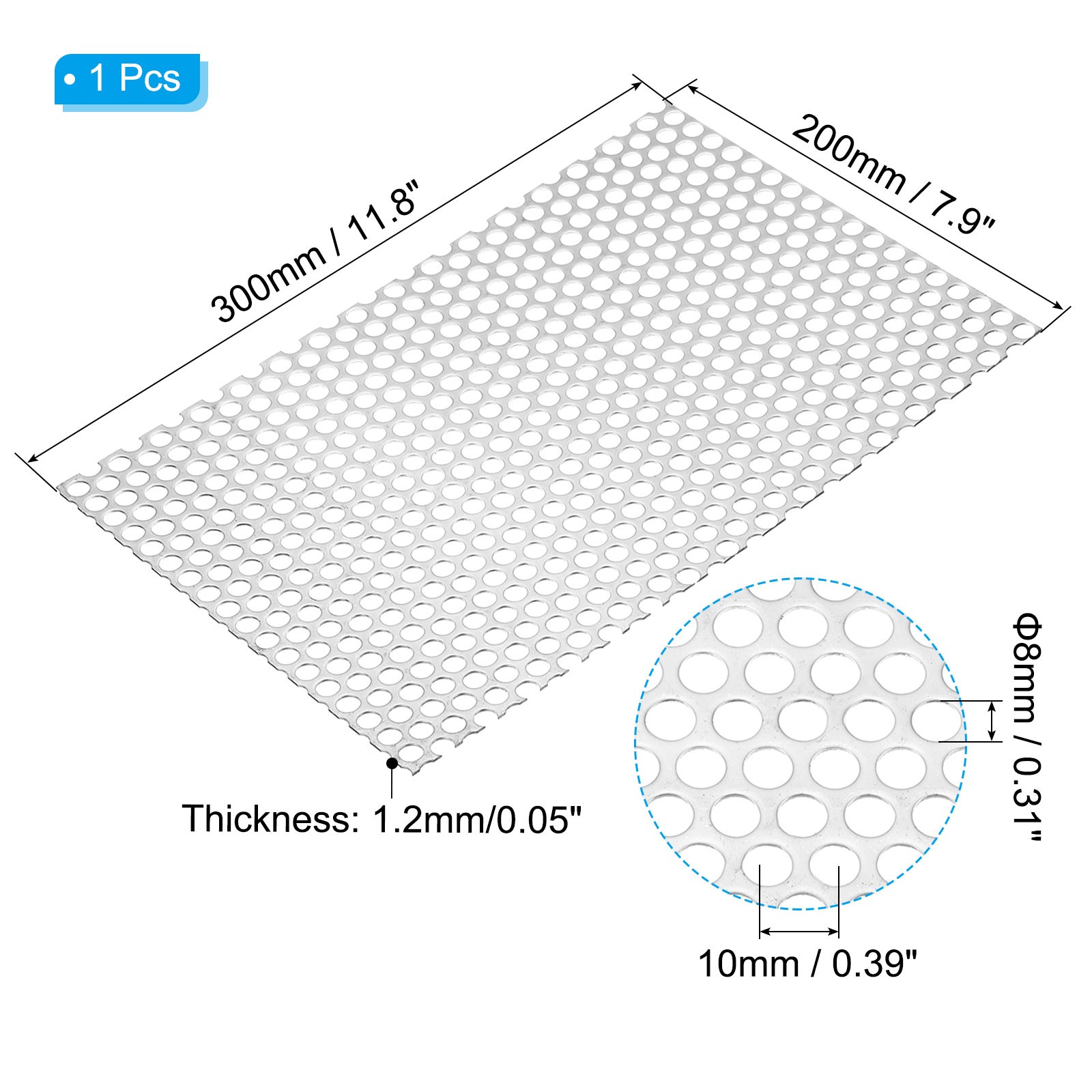 11.8″ L x 7.9″ W Perforated Metal Sheets, 16Ga 0.31″ Hole 304 Stainless Steel