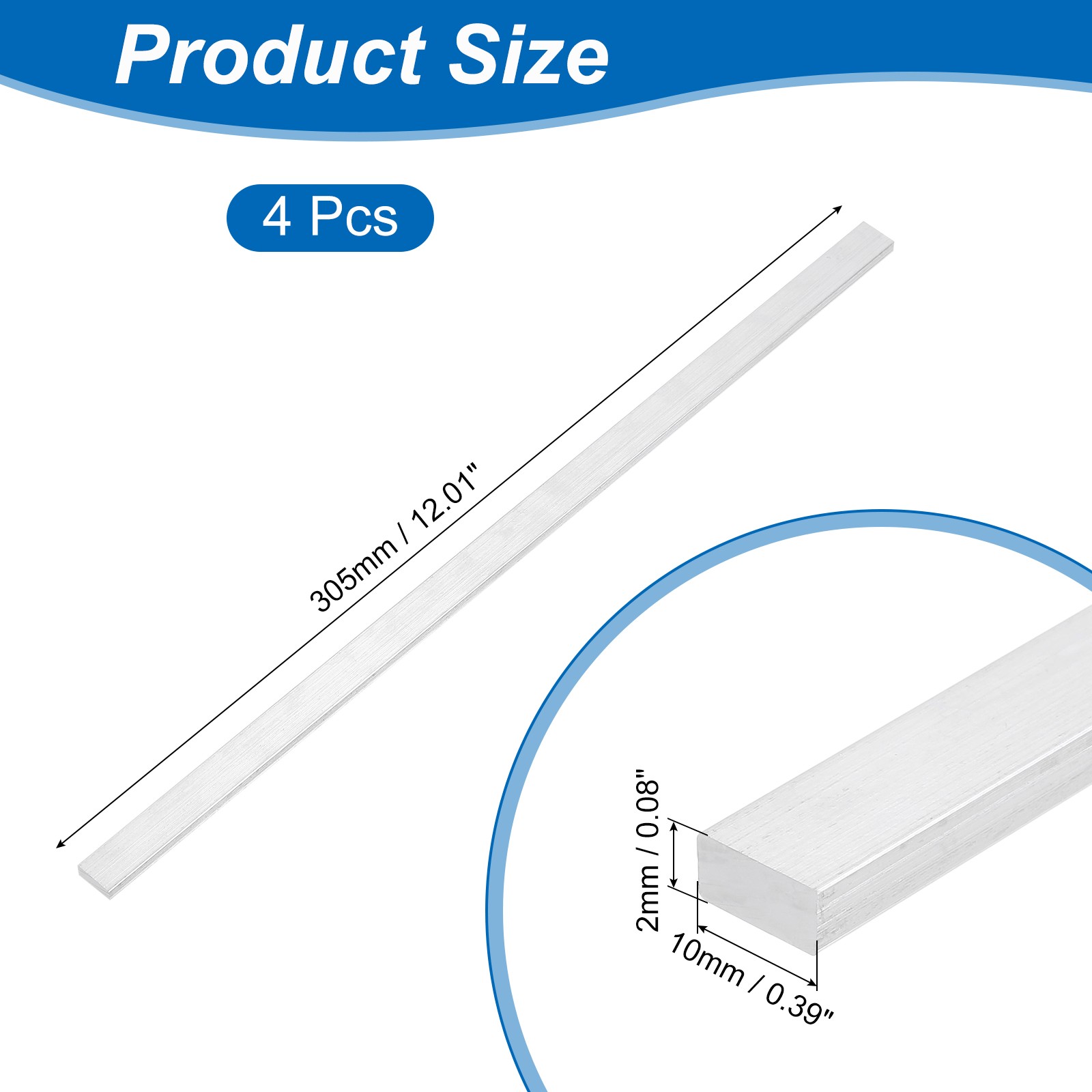 Square 6063 Aluminum Flat Bar, 4Pcs 3/32″ Thickness 3/8″ Width 12″ Length