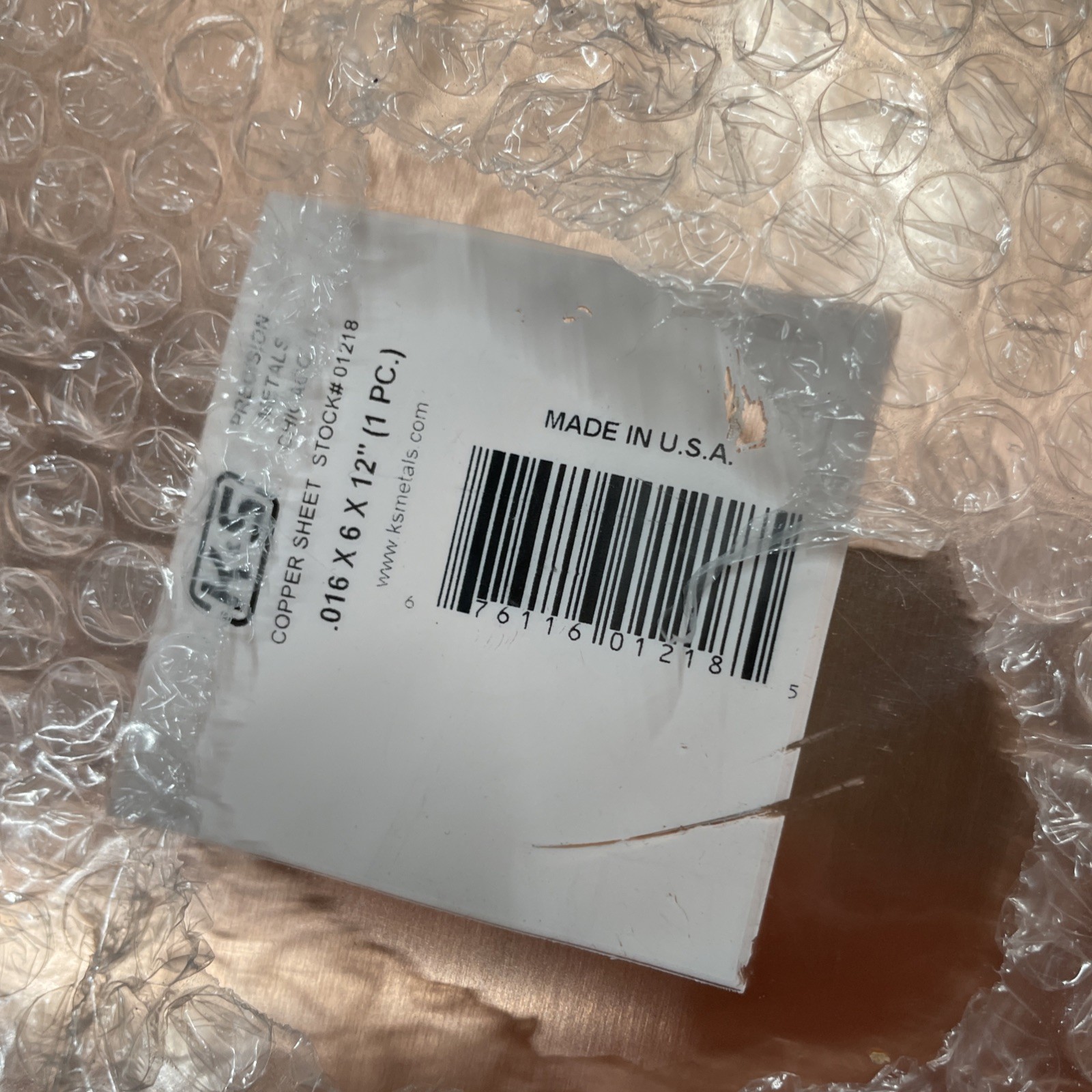 K&S PRECISION COPPER SHEET 1218, 0.016″ THICK X 6″ WIDE X 12″ LONG – 1 SHEET