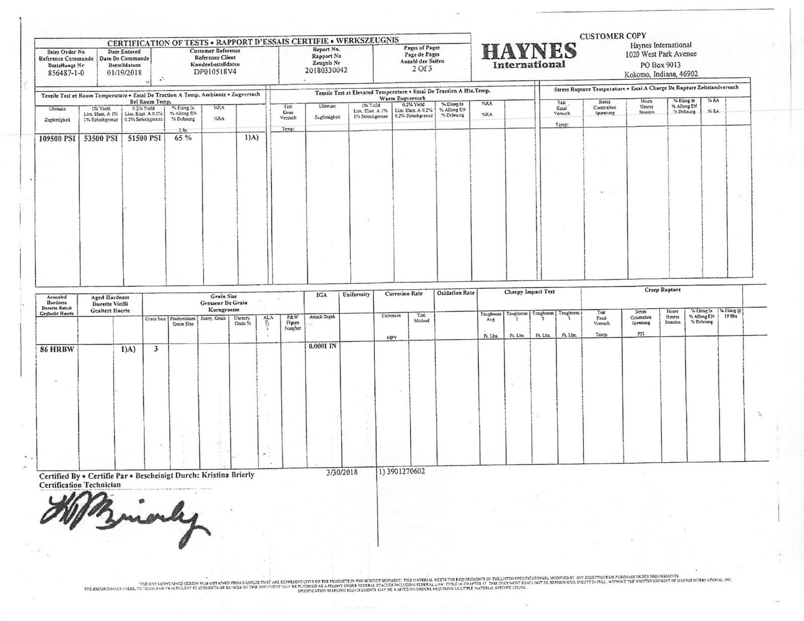 HAYNES INTERNATIONAL HASTELLOY C-2000 ALLOY SHEET METAL .063 X 48″ X 144″ CERTS