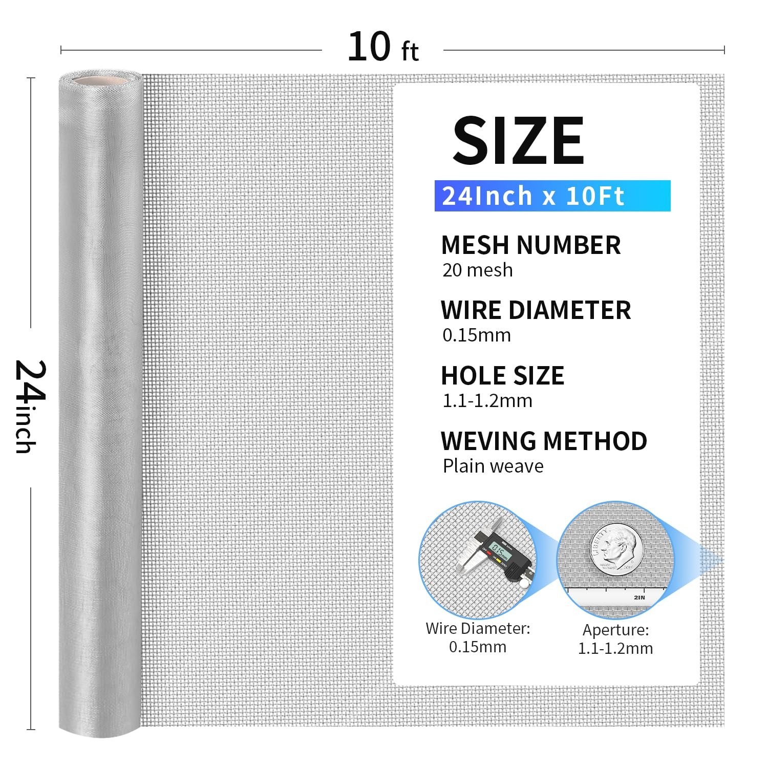 304 Stainless Steel Mesh 24In X 10Ft, 20 Mesh Never Rust Sturdy Metal Screen, Wo