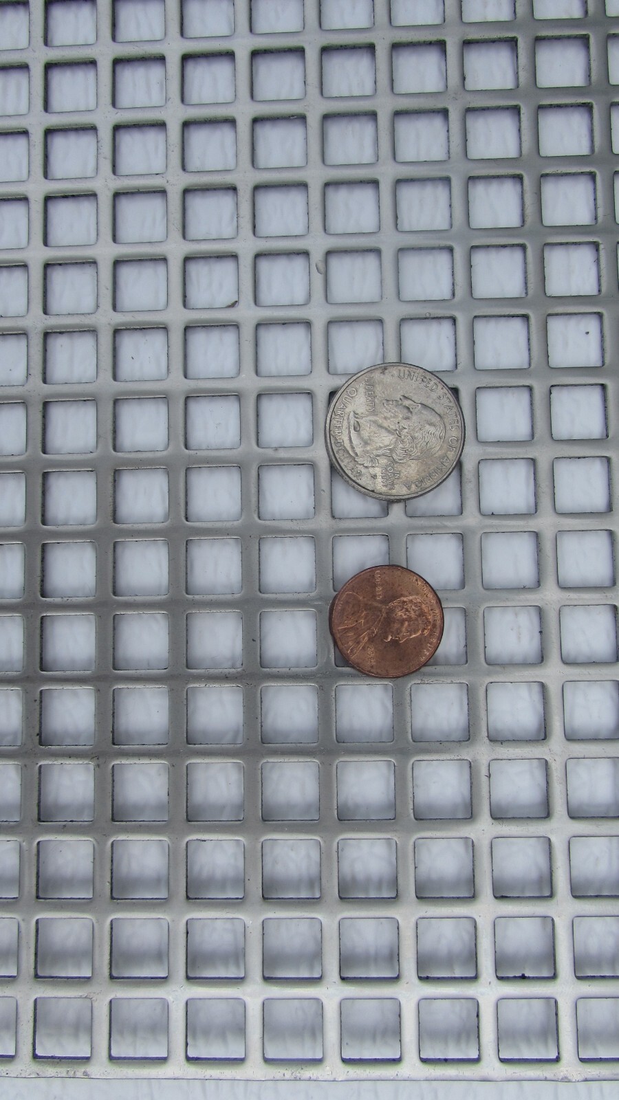3/8″ SQUARE ON 1/2″ CENTERS 16 GA STAINLESS STEEL PERFORATED -7-5/8″ x 13″
