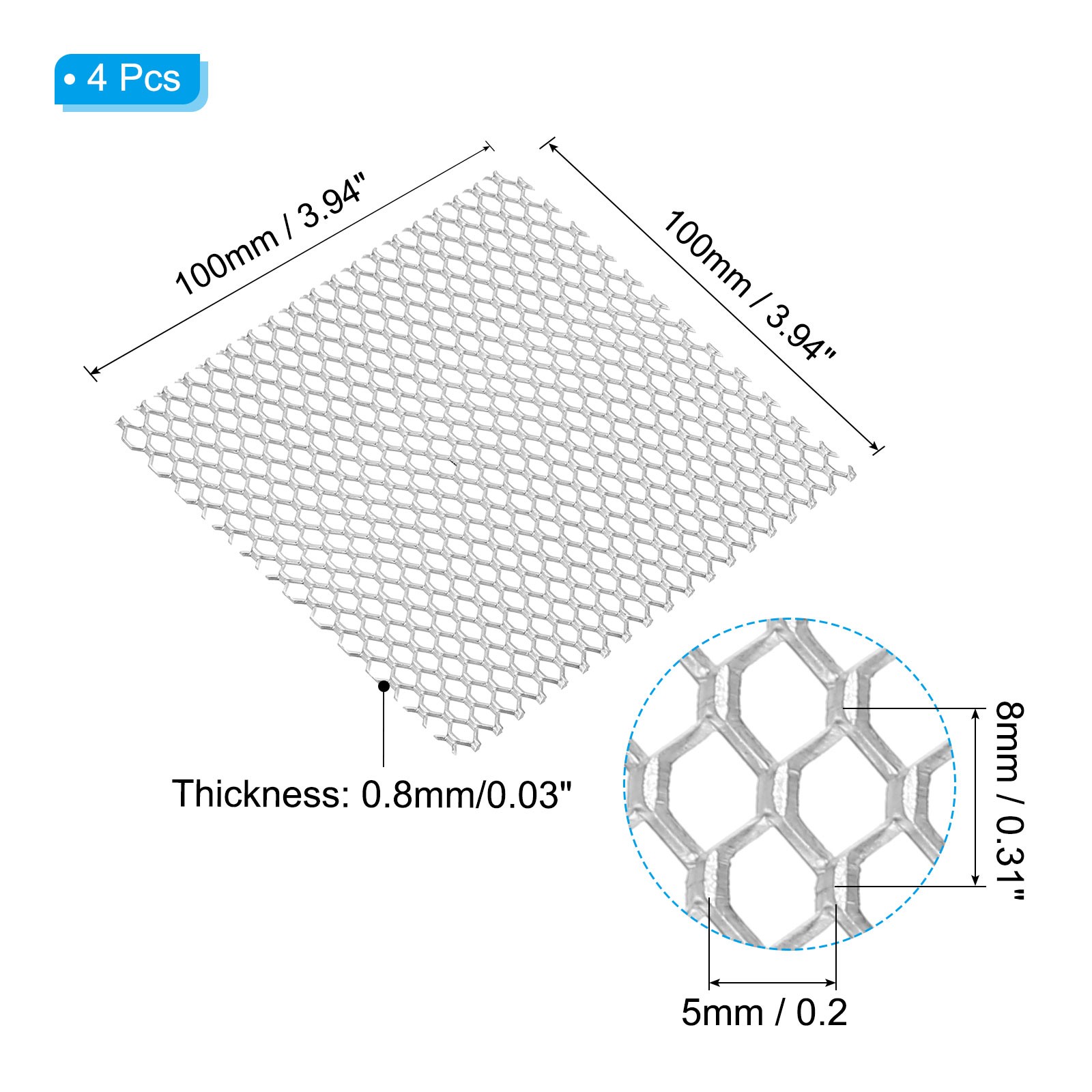 4″L x 4″W Universal Car Grill Mesh, 4Pcs 5x8mm Hexagon Hole, Silver Tone