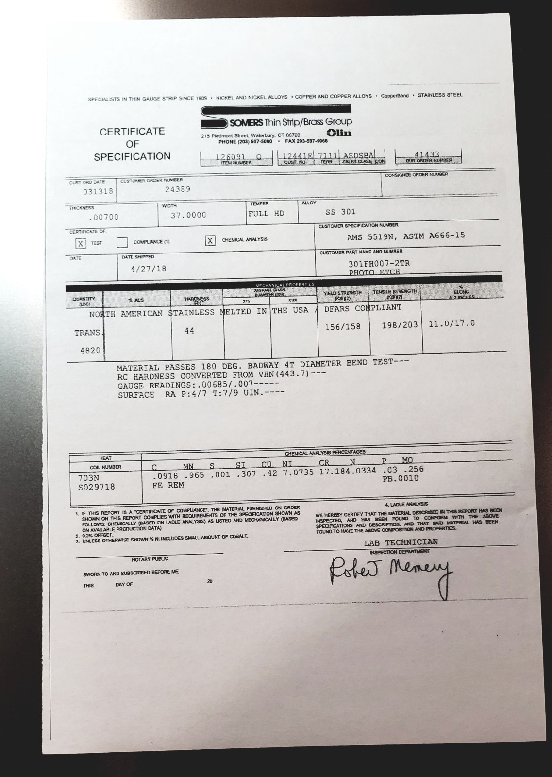0.007″ Stainless Steel shim Flat Sheet ~3.9″ x ~5.9″ with metal Certs