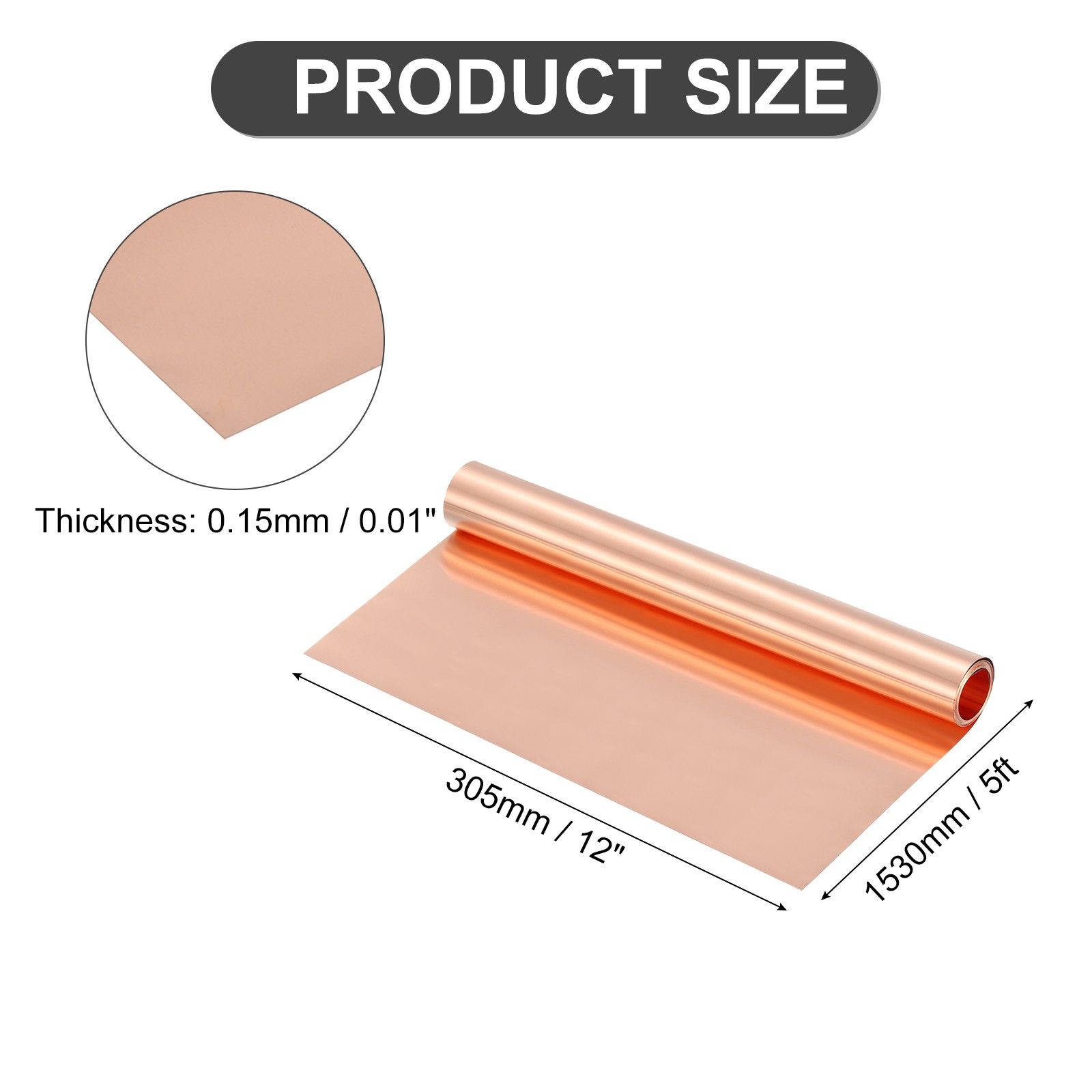 Pure Copper Sheet Roll, 0.15mm 19Ga Thick T2 5Ft x 12in Copper Strip for Craft