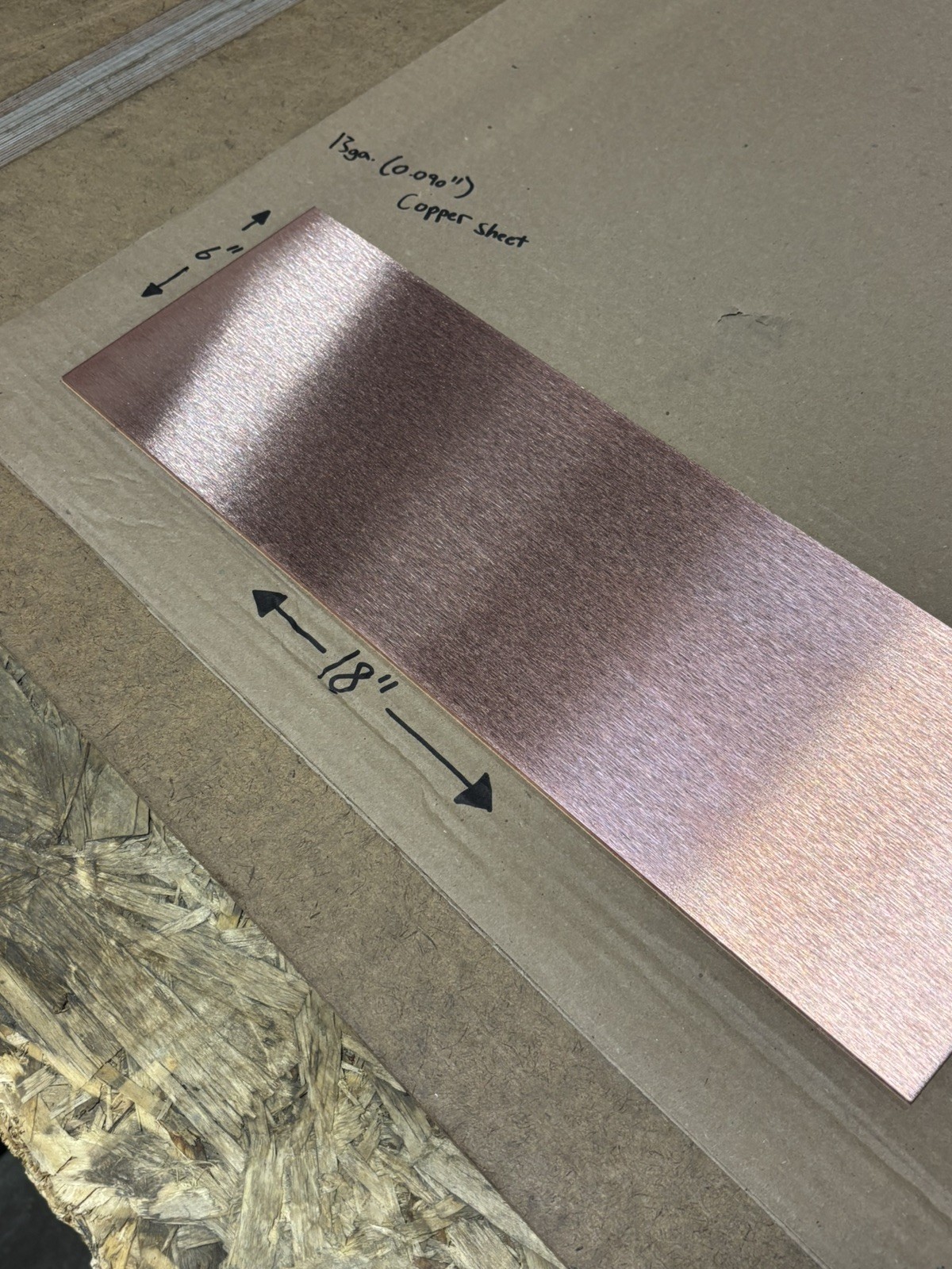 13gauge (0.090” Thick) Pure Copper Sheet Metal – 1/4 hard – 6” x 18” brushed