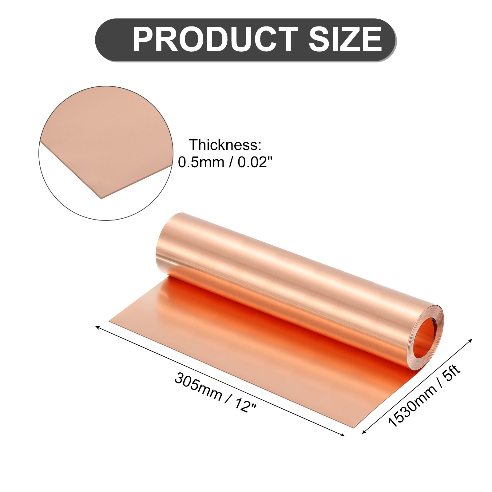 Pure Copper Sheet Roll, 0.5mm 24Ga Thick T2 5Ft x 12in Copper Strip for Craft