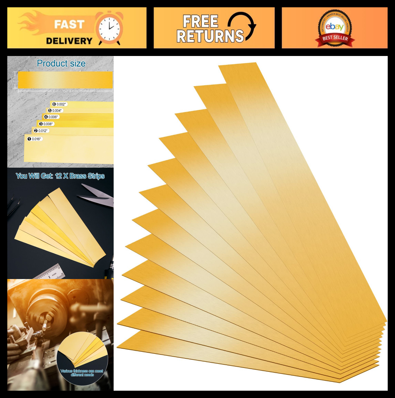 12 Brass Shim Stock Strips, 1″x6″, Assorted Thickness 0.002″-0.016″, Metal Sheet