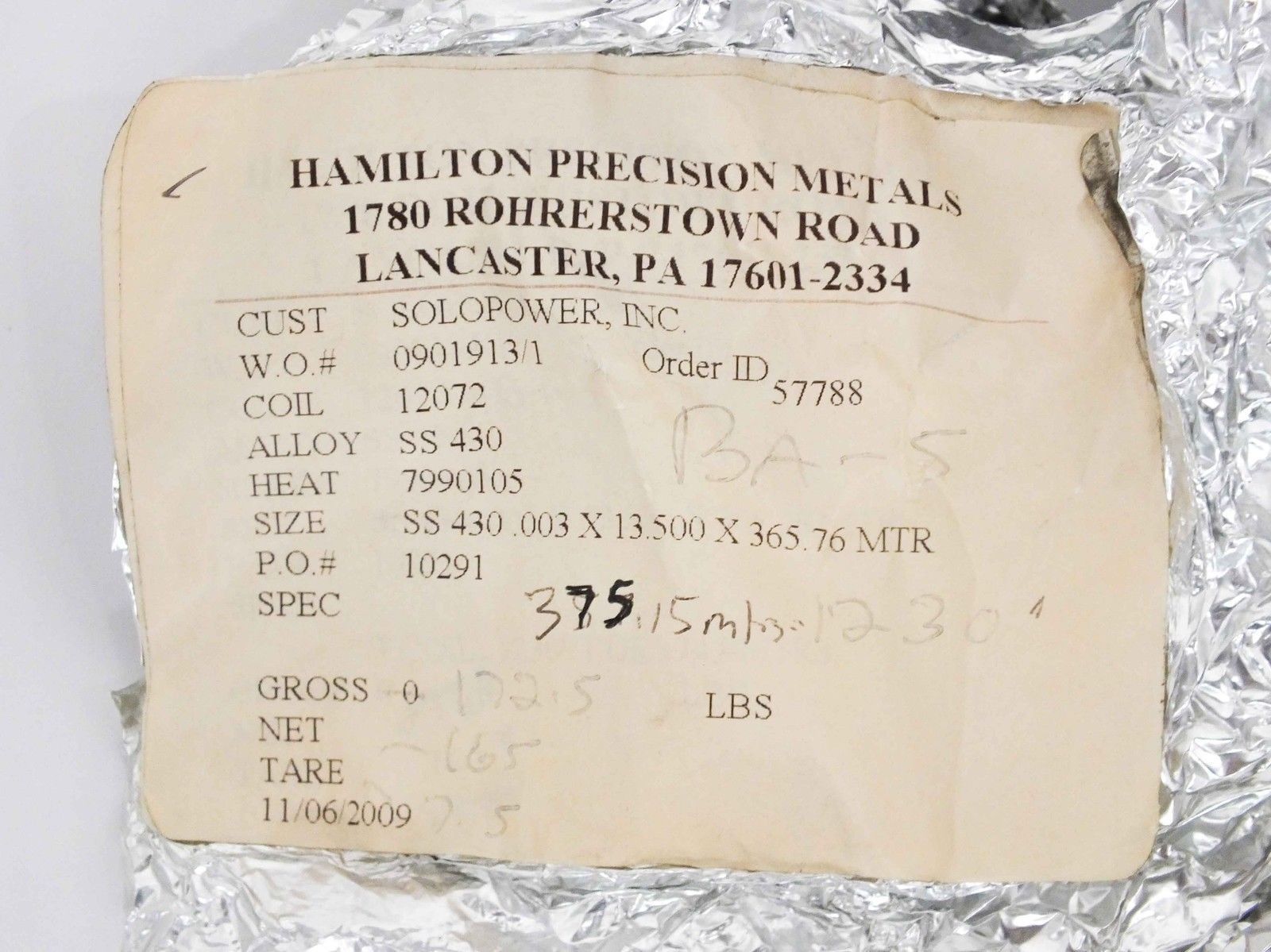 Hamilton Precision Metals SS 430 Stainless Steel Chromium Roll 13.5″ x 365.76M x